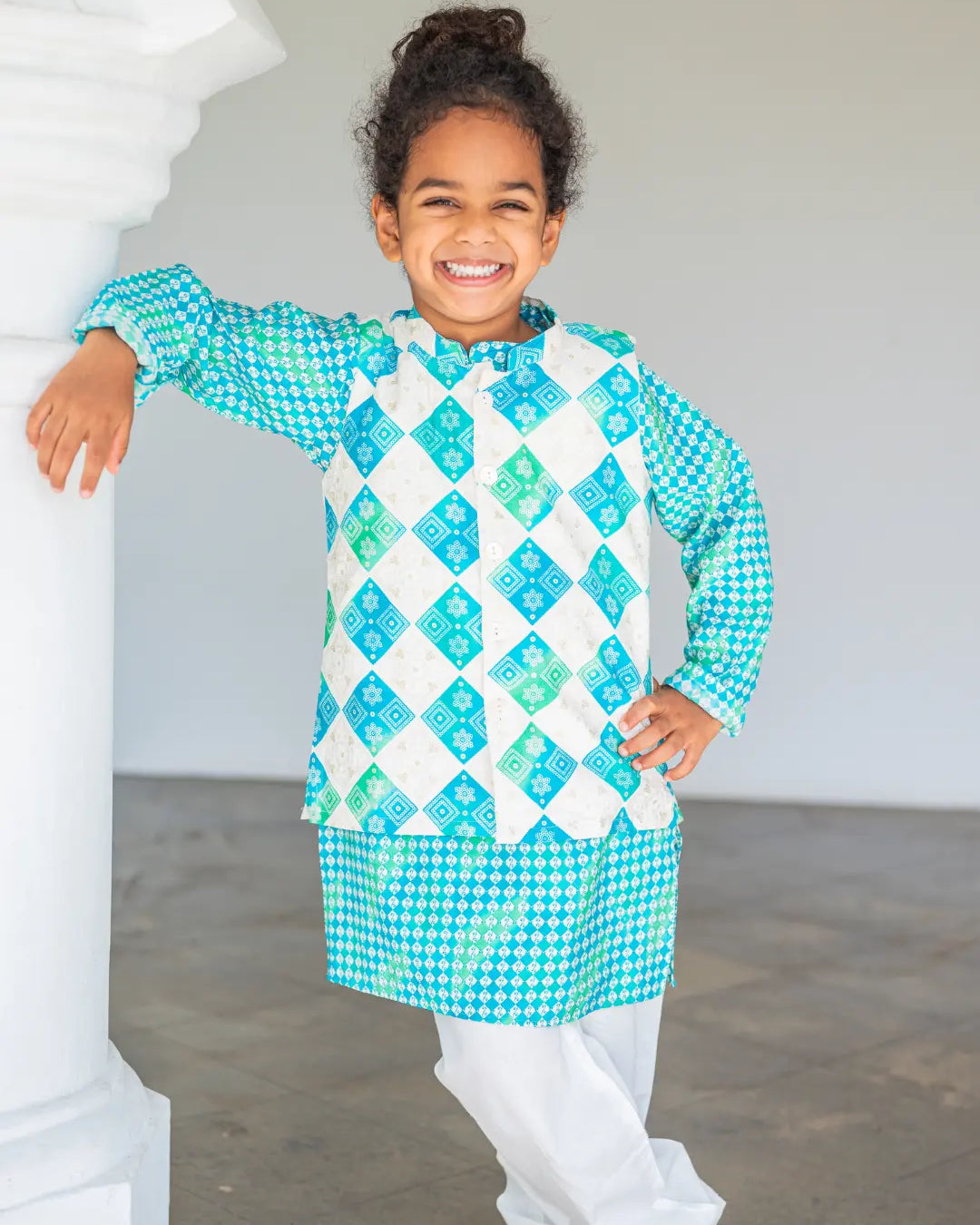 Shan Aqua Boys Kurta Jacket Set in Muslin Cotton Nimbu