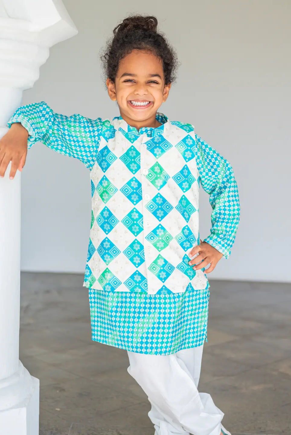 Shan Aqua Boys Kurta Jacket Set in Muslin Cotton Nimbu