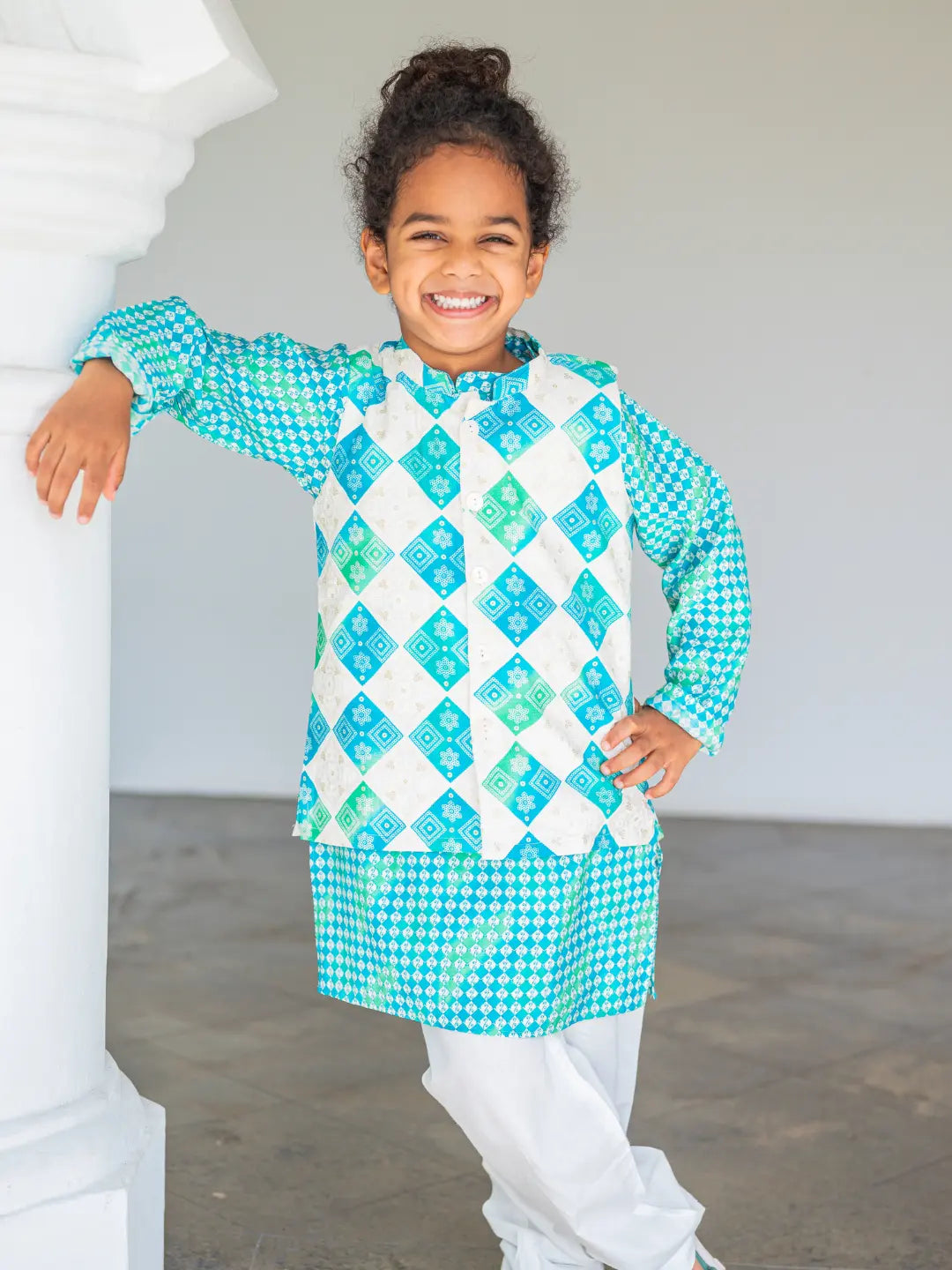Shan Aqua Boys Kurta Jacket Set in Muslin Cotton Nimbu