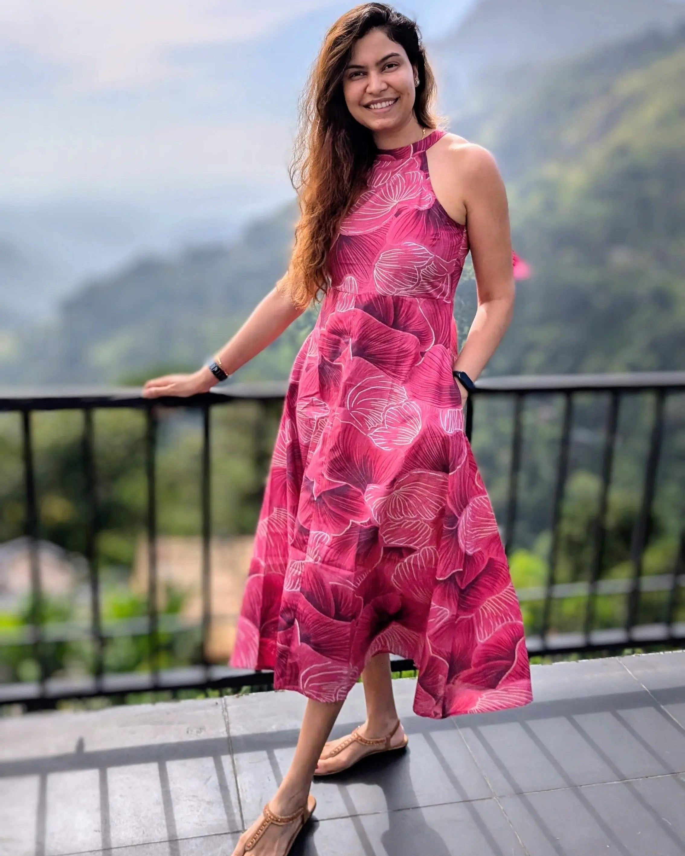 Siena Pink Halter Dress for Women in Muslin Cotton Nimbu
