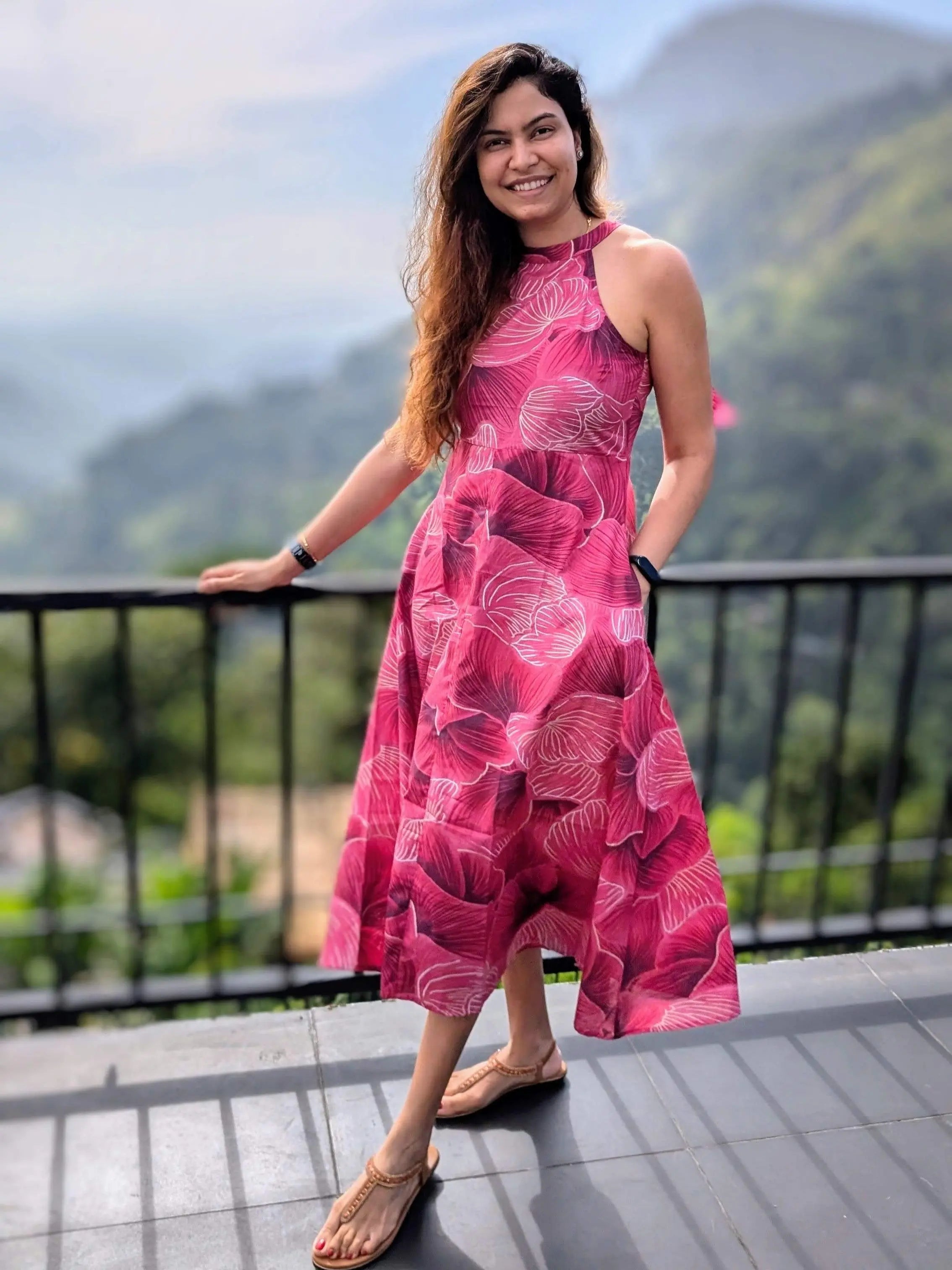 Siena Pink Halter Dress for Women in Muslin Cotton Nimbu
