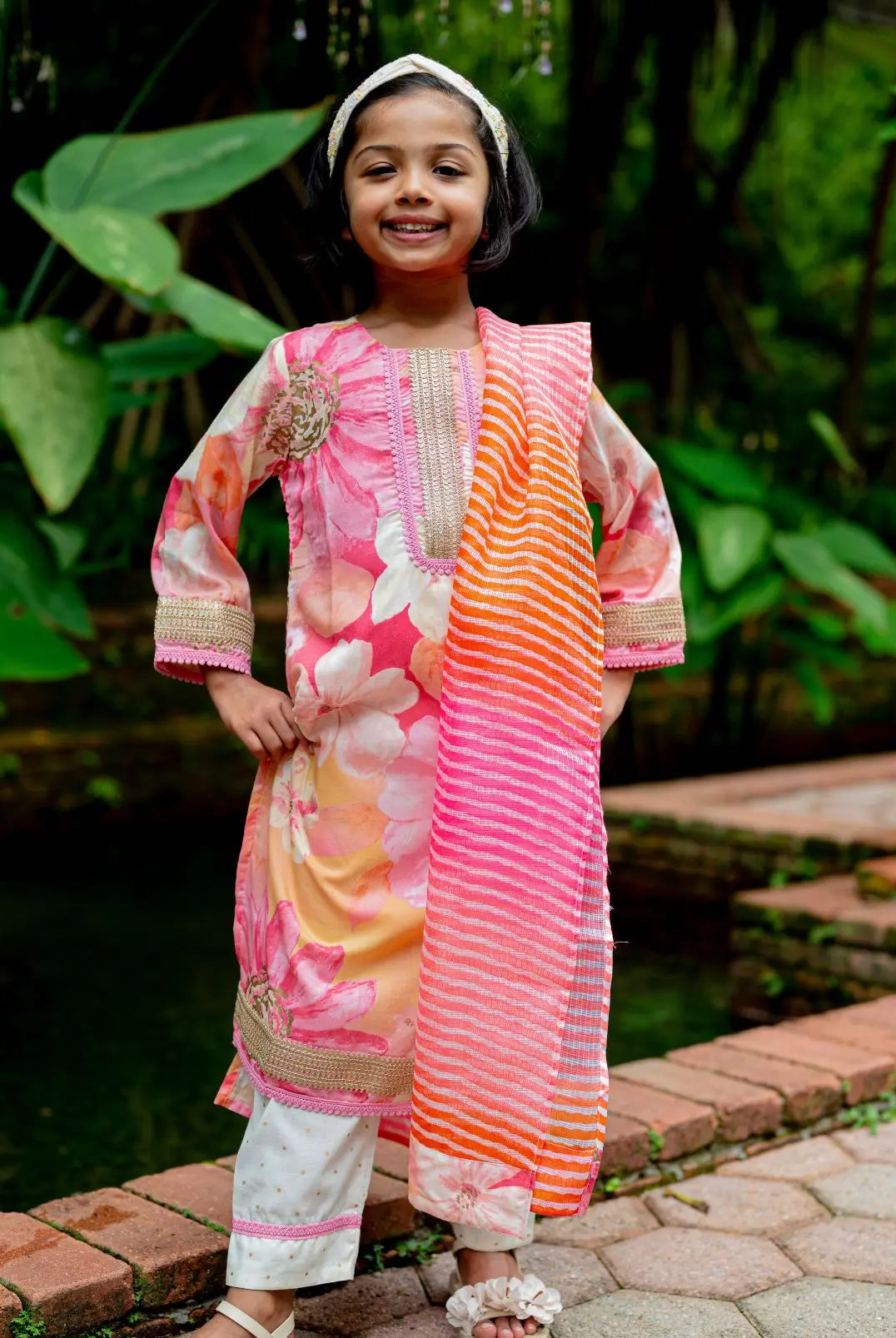 Simar Girls Floral Kurta Pant with Dupatta Set in Pink Nimbu