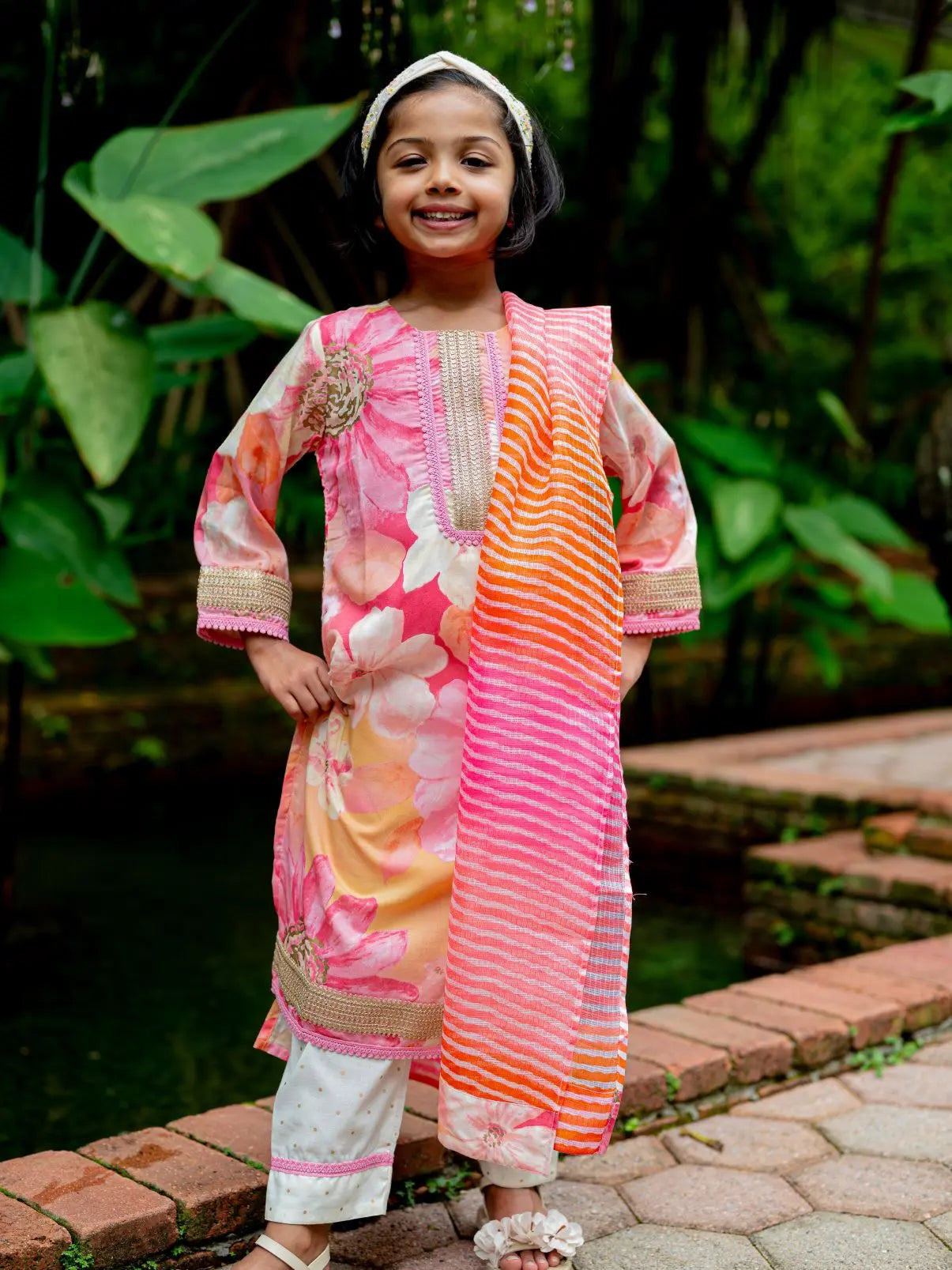 Simar Girls Floral Kurta Pant with Dupatta Set in Pink Nimbu