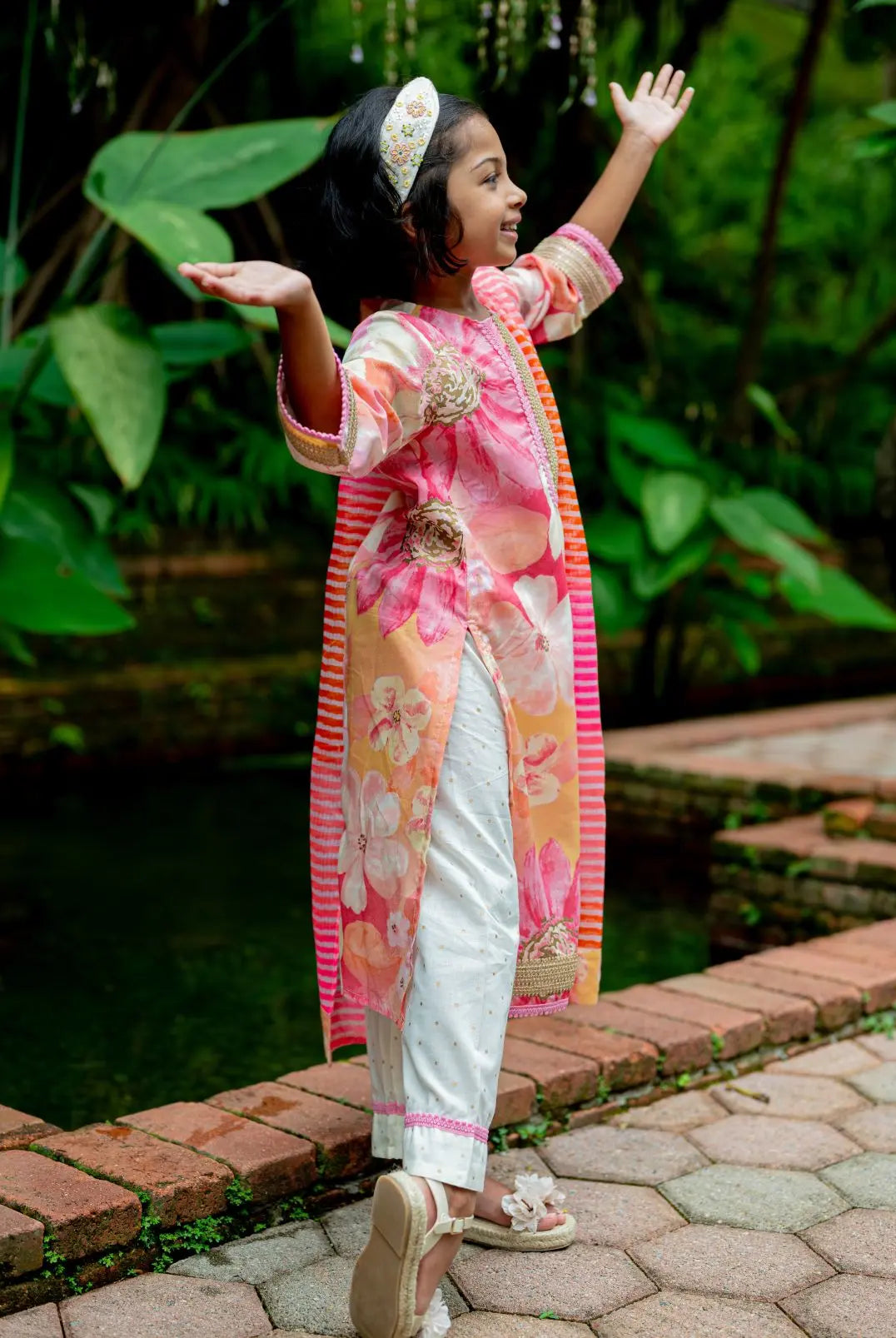 Simar Girls Floral Kurta Pant with Dupatta Set in Pink Nimbu