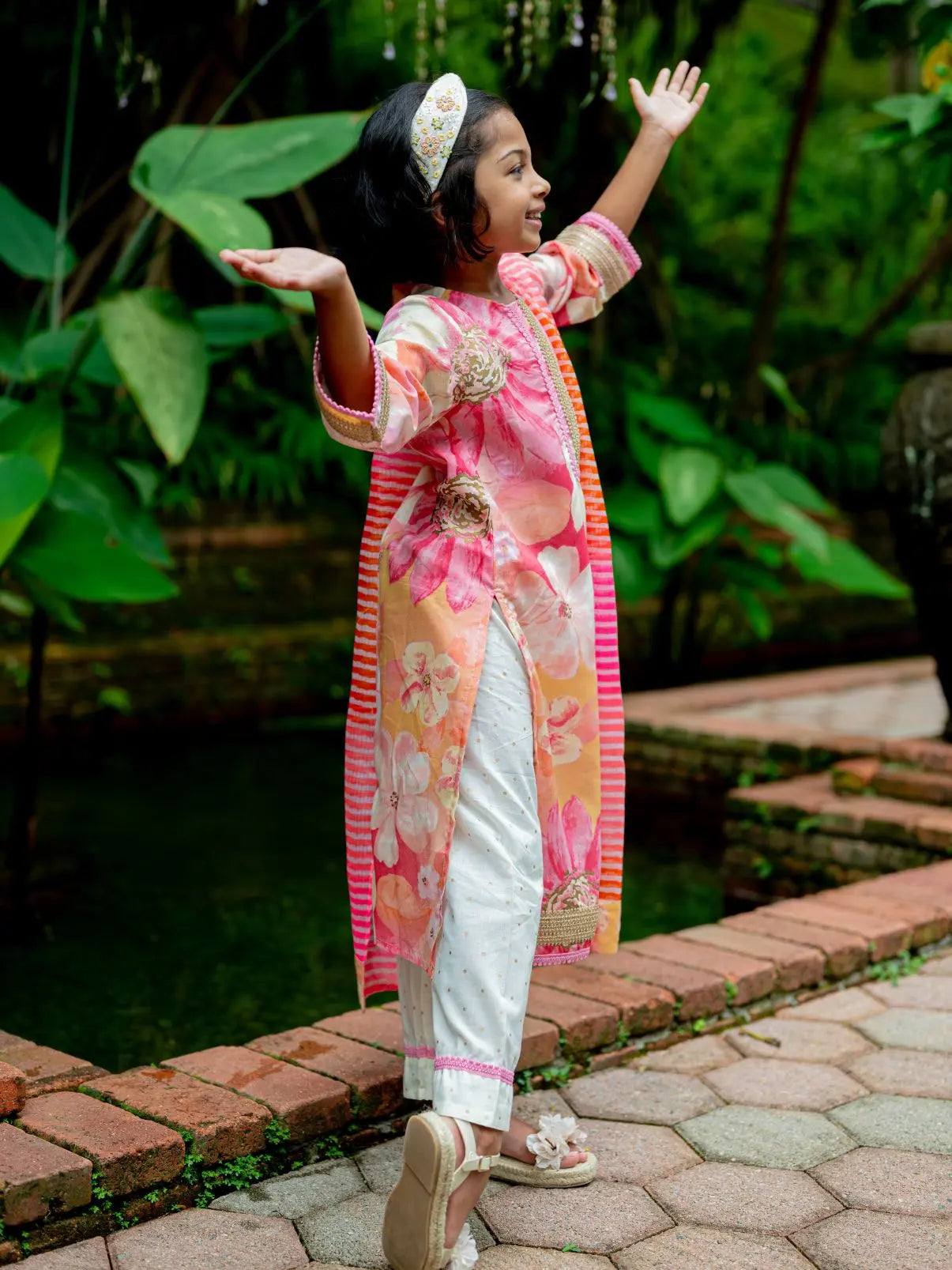 Simar Girls Floral Kurta Pant with Dupatta Set in Pink Nimbu