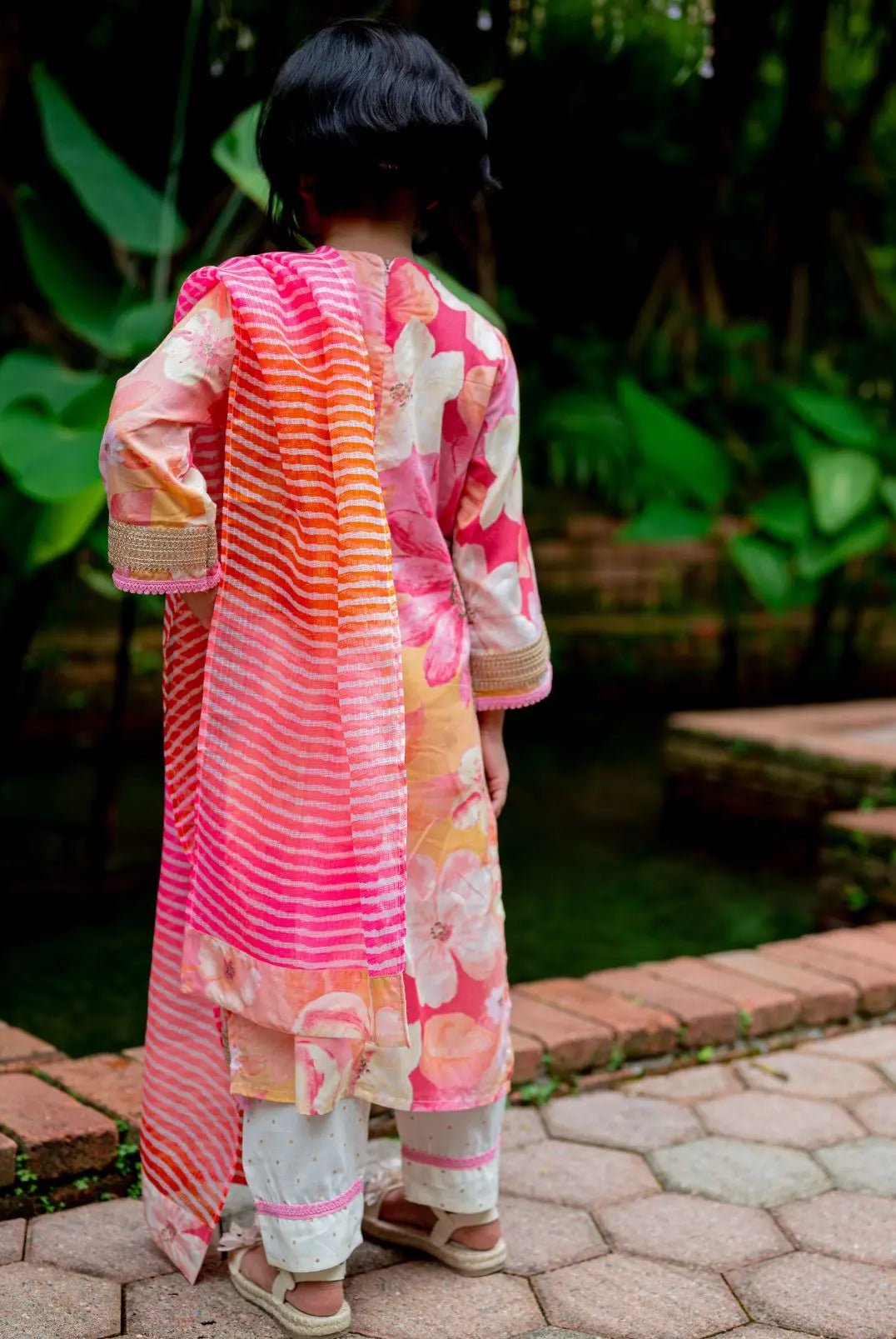 Simar Girls Floral Kurta Pant with Dupatta Set in Pink Nimbu