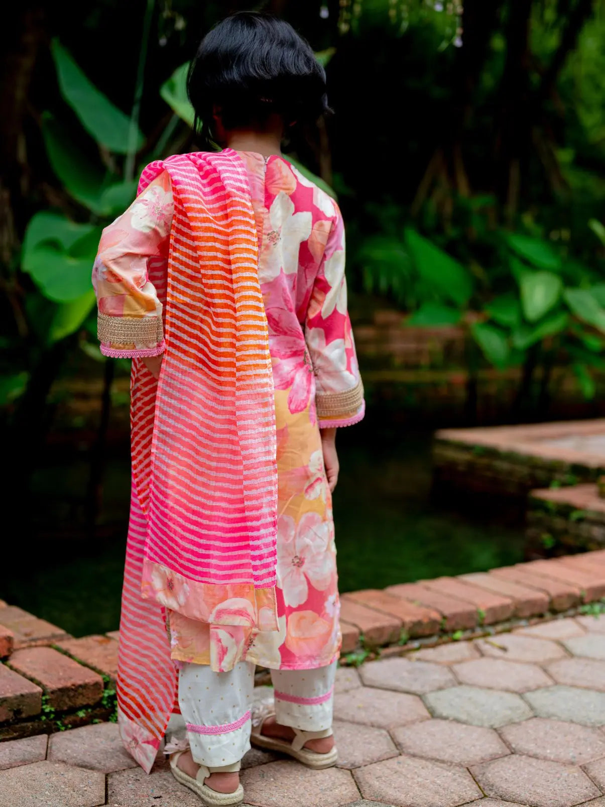 Simar Girls Floral Kurta Pant with Dupatta Set in Pink Nimbu