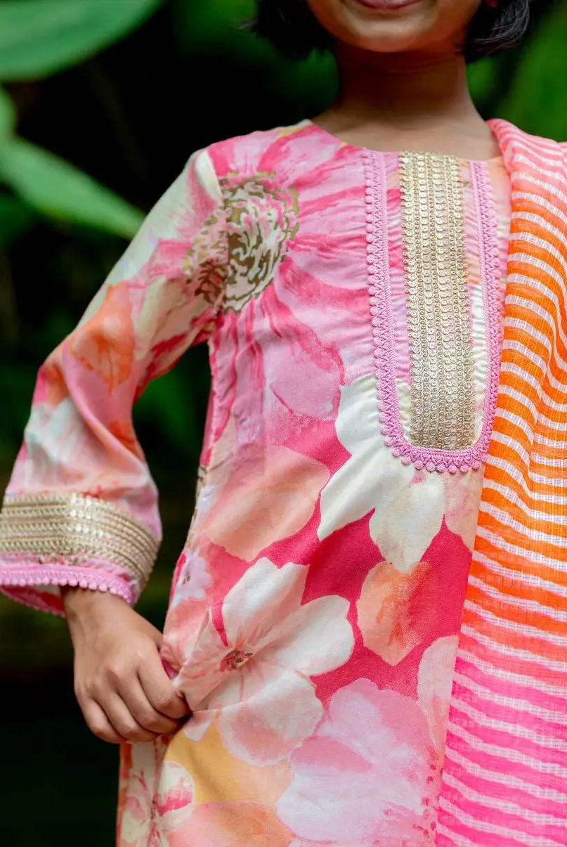 Simar Girls Floral Kurta Pant with Dupatta Set in Pink Nimbu