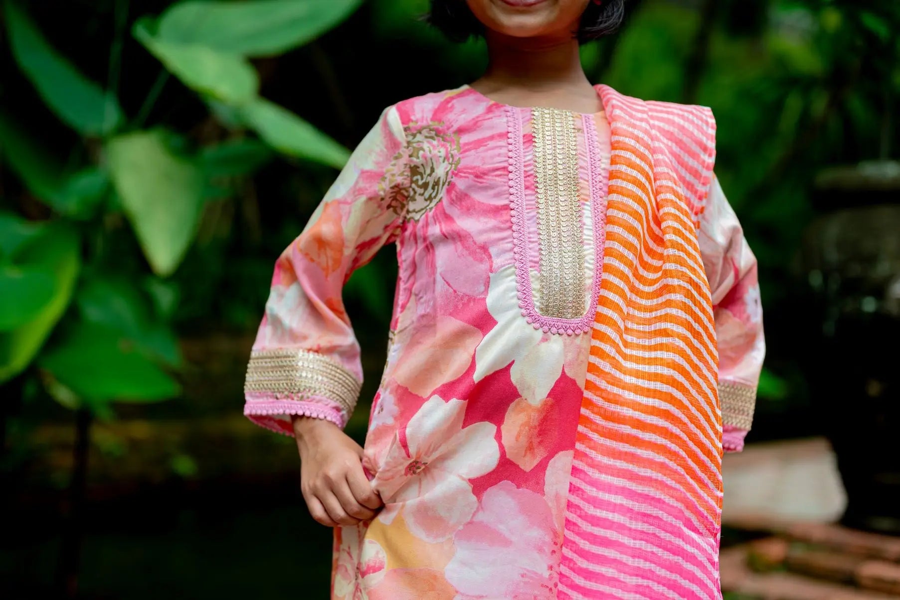 Simar Girls Floral Kurta Pant with Dupatta Set in Pink Nimbu