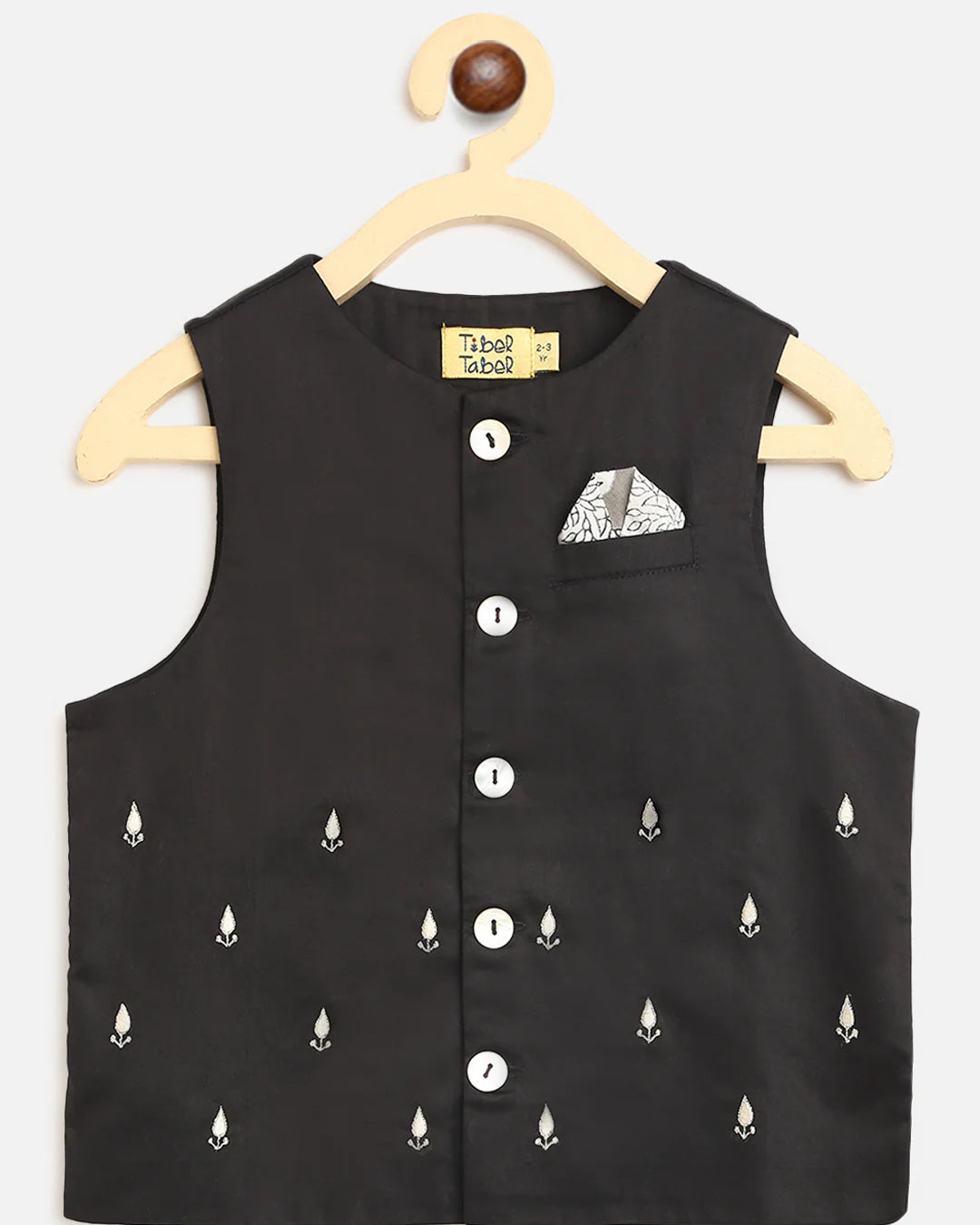 Boys Grey Printed Floral Bundi Kurta Set