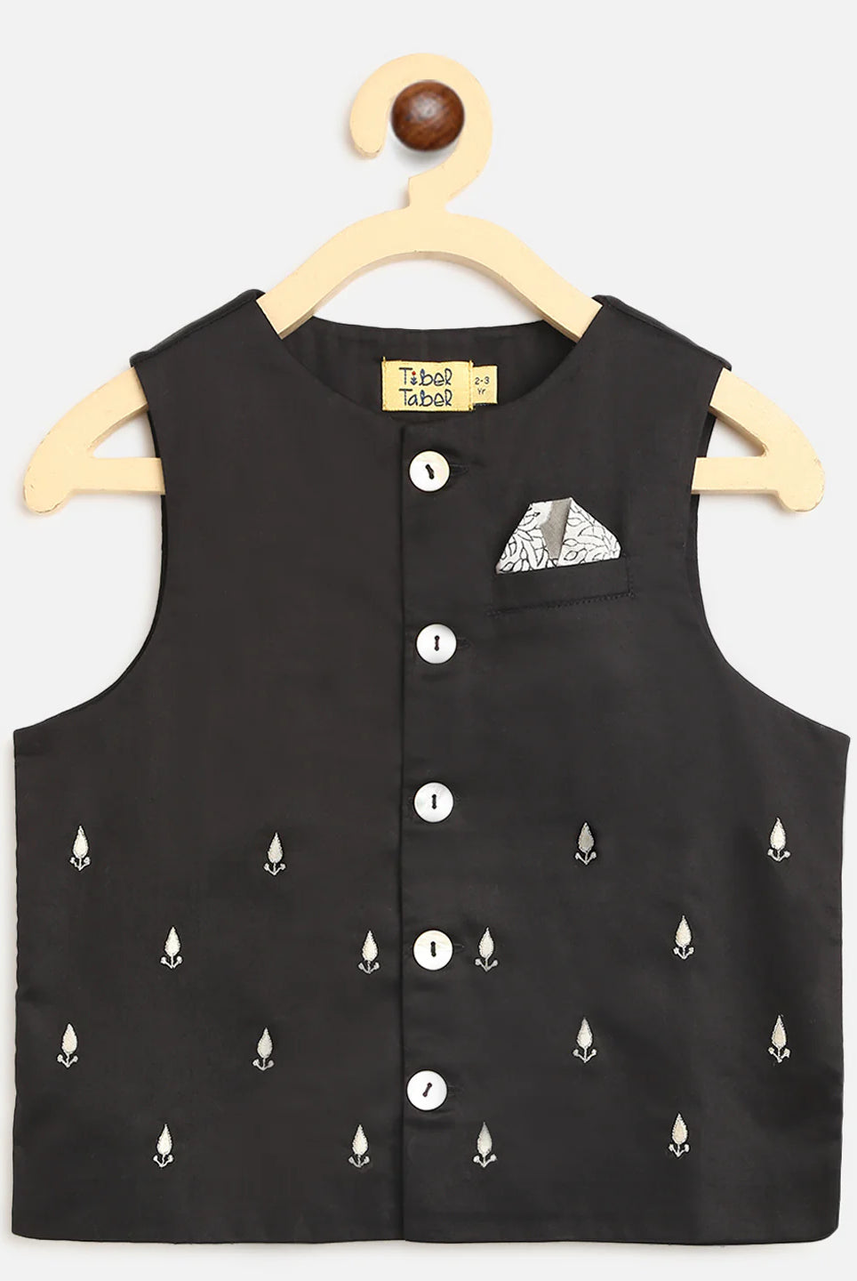 Boys Grey Printed Floral Bundi Kurta Set