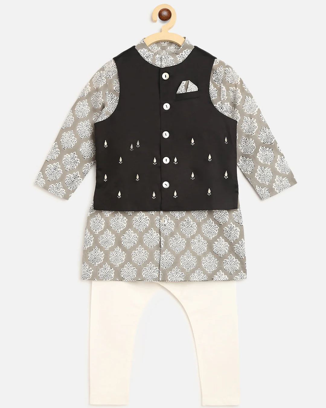 Boys Grey Printed Floral Bundi Kurta Set