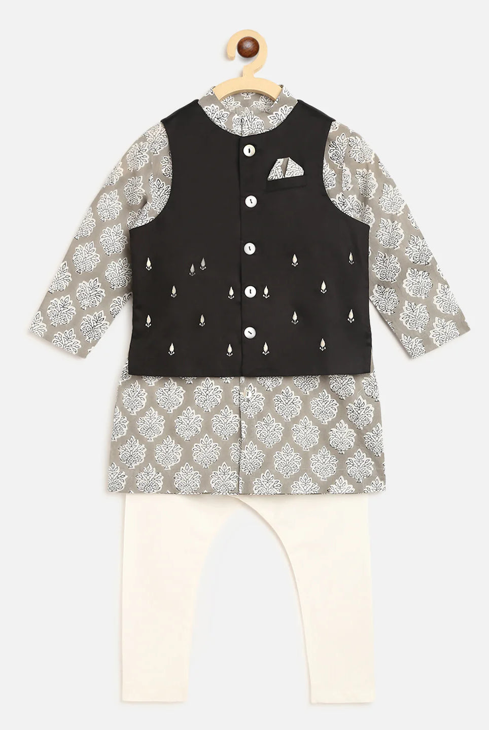 Boys Grey Printed Floral Bundi Kurta Set