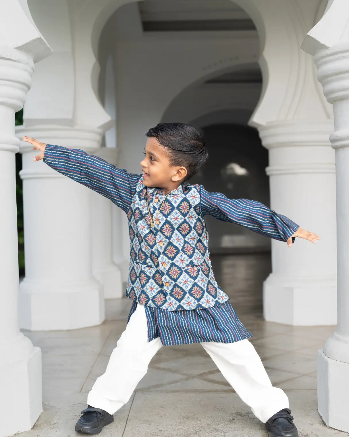 Tara Blue Boys Kurta Pajama Jacket in Muslin Cotton Nimbu