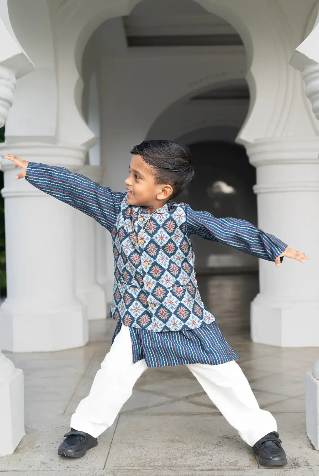 Tara Blue Boys Kurta Pajama Jacket in Muslin Cotton Nimbu