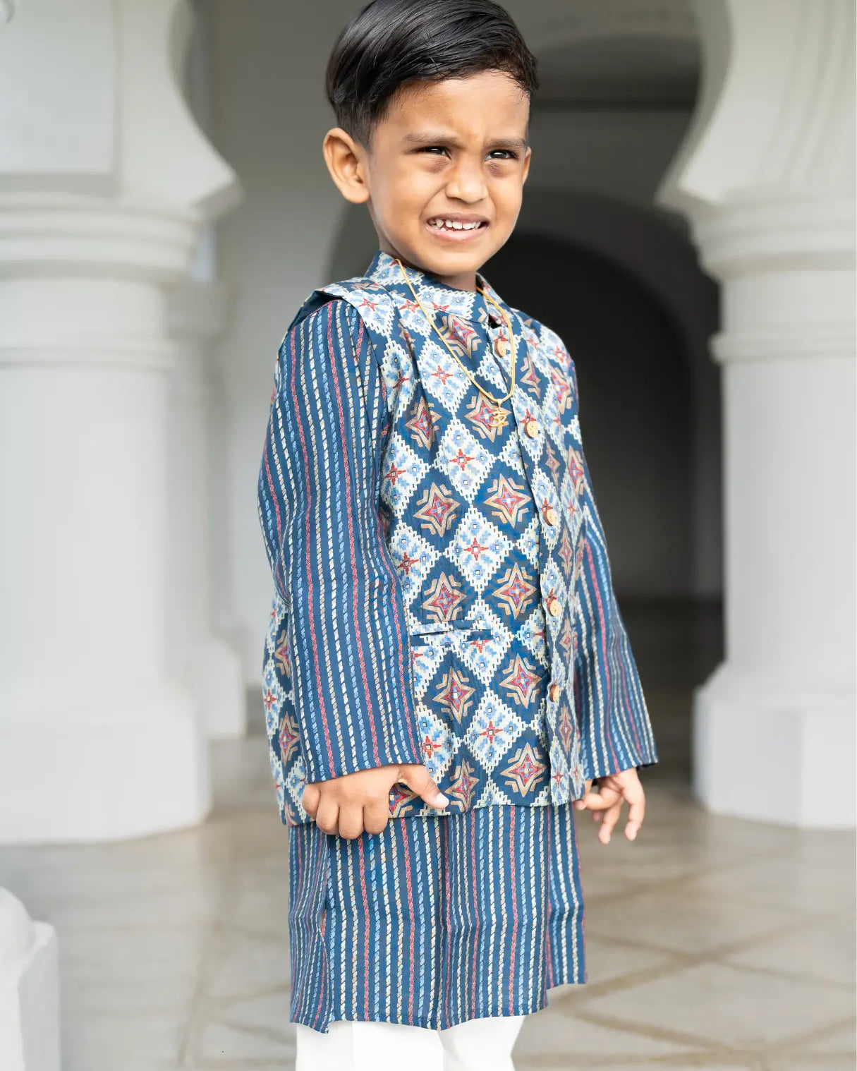 Tara Blue Boys Kurta Pajama Jacket in Muslin Cotton Nimbu