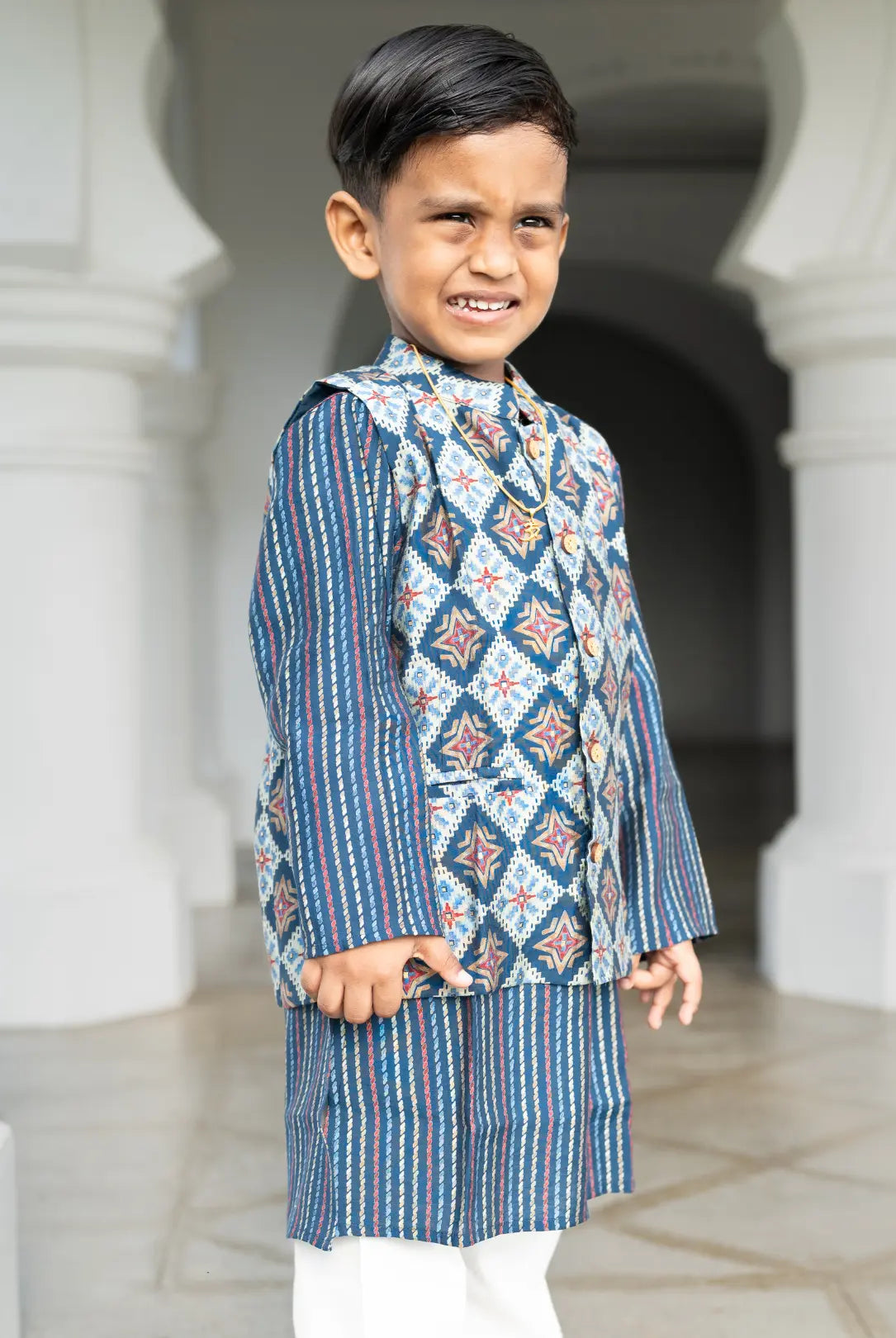Tara Blue Boys Kurta Pajama Jacket in Muslin Cotton Nimbu