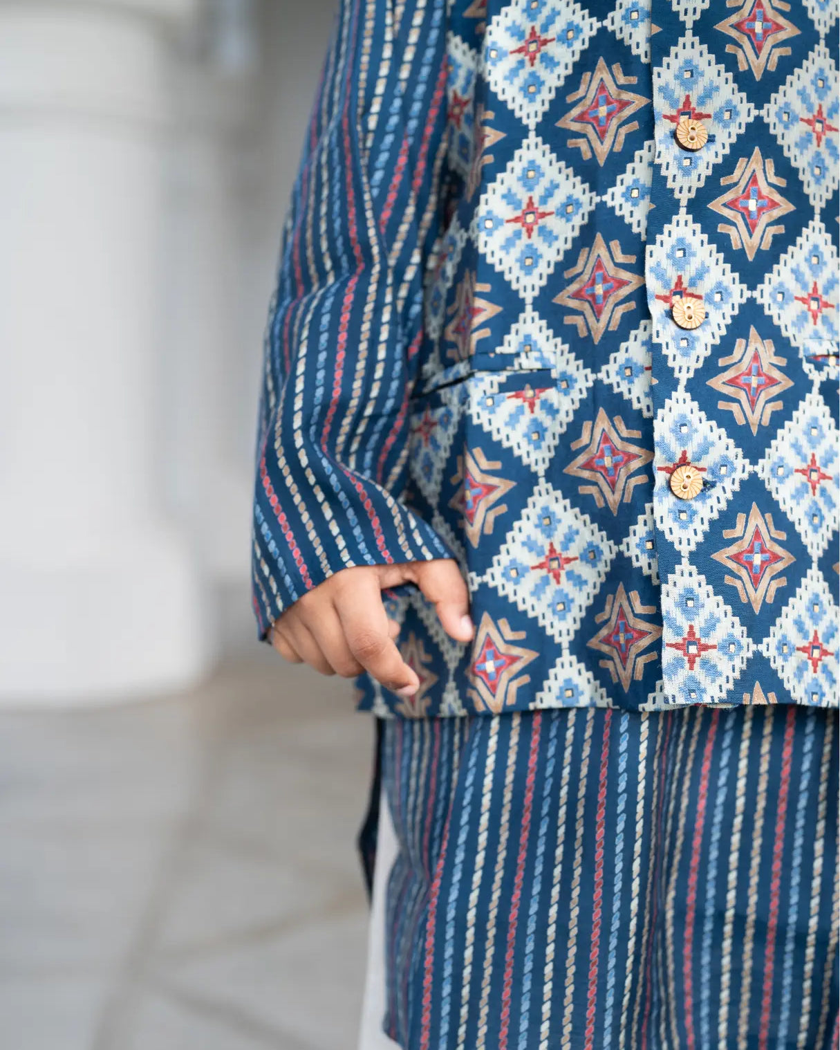 Tara Blue Boys Kurta Pajama Jacket in Muslin Cotton Nimbu