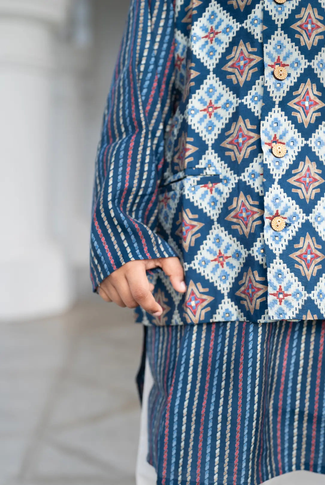 Tara Blue Boys Kurta Pajama Jacket in Muslin Cotton Nimbu