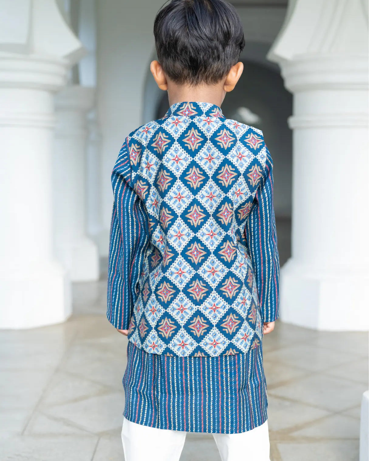 Tara Blue Boys Kurta Pajama Jacket in Muslin Cotton Nimbu