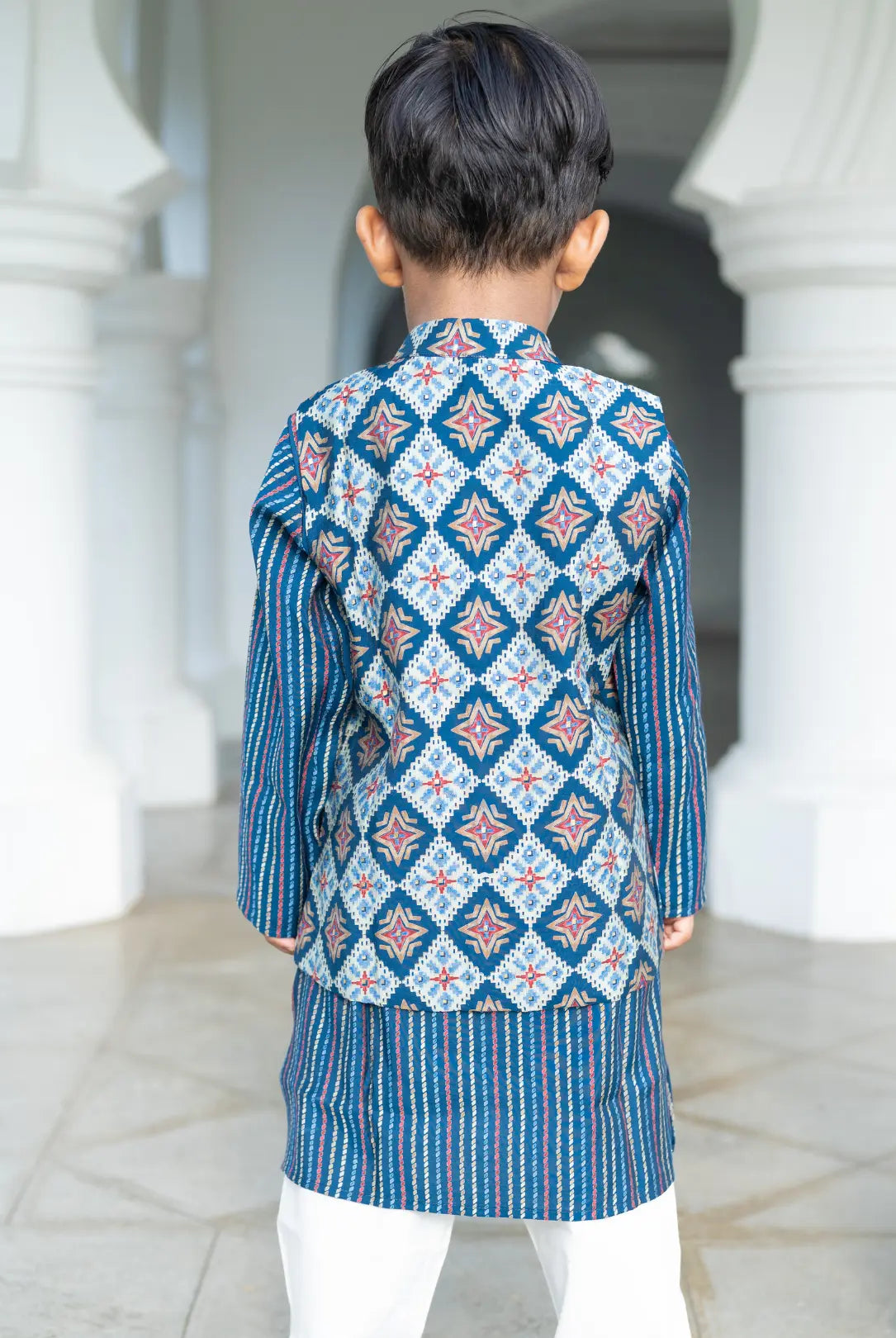 Tara Blue Boys Kurta Pajama Jacket in Muslin Cotton Nimbu
