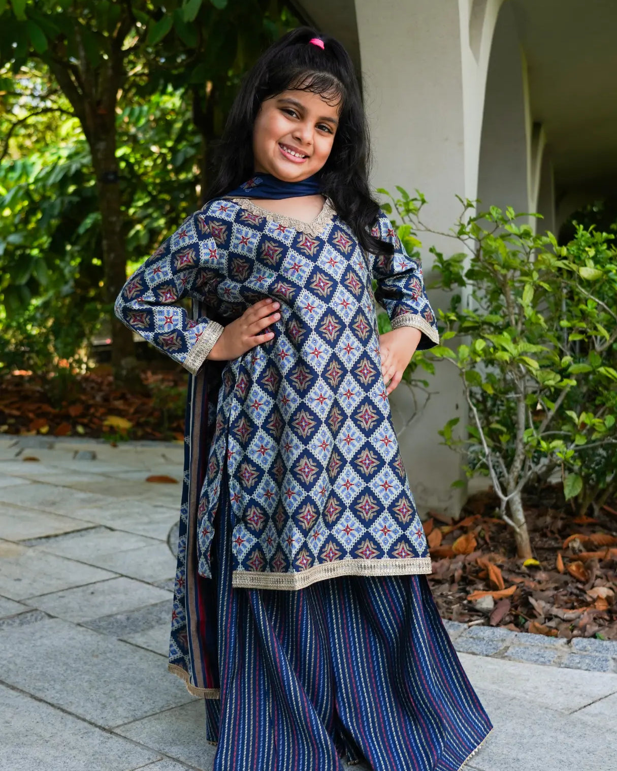 Tara Blue Girls Choga Style Kurta & Palazzo Set in Muslin Cotton Nimbu