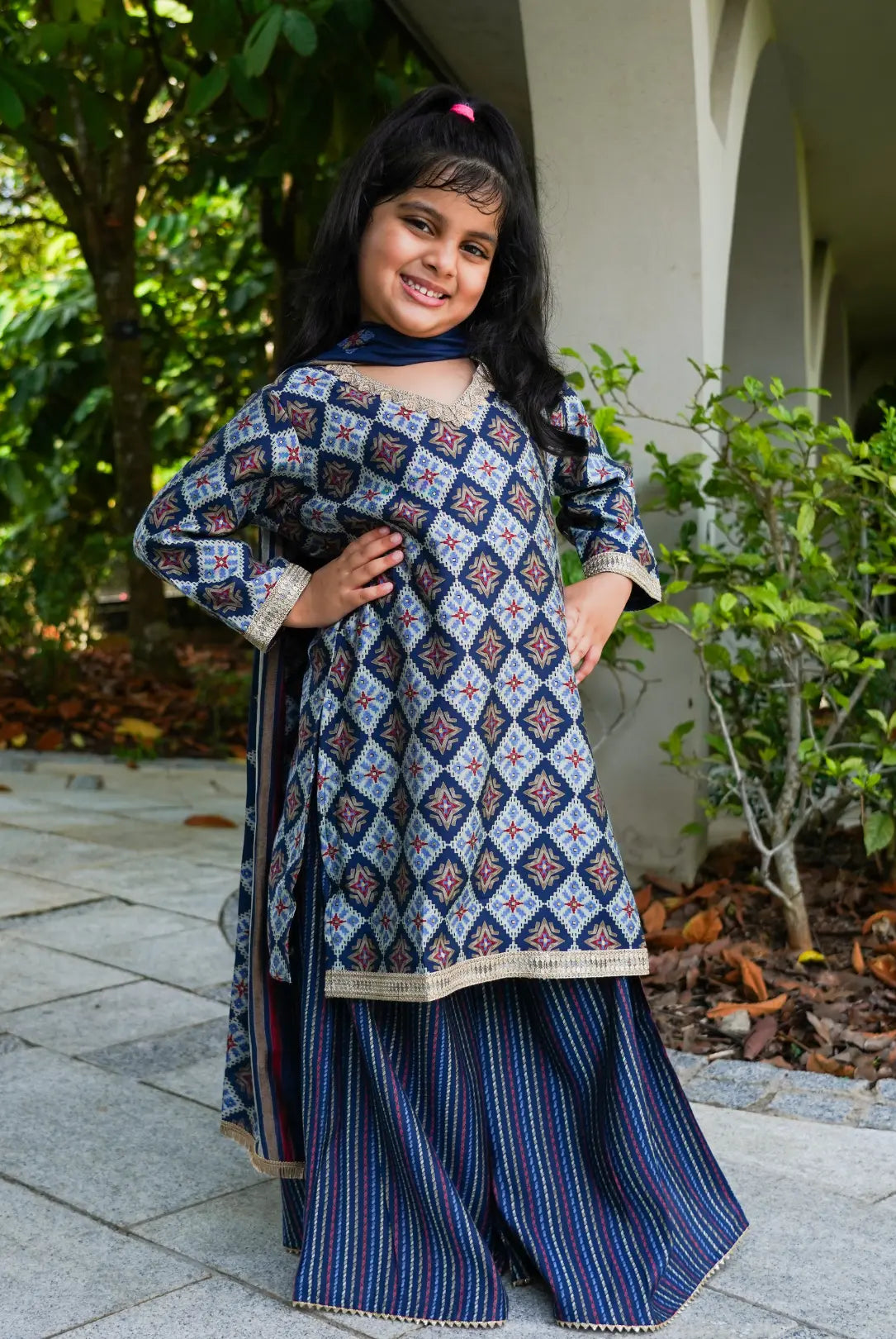 Tara Blue Girls Choga Style Kurta & Palazzo Set in Muslin Cotton Nimbu