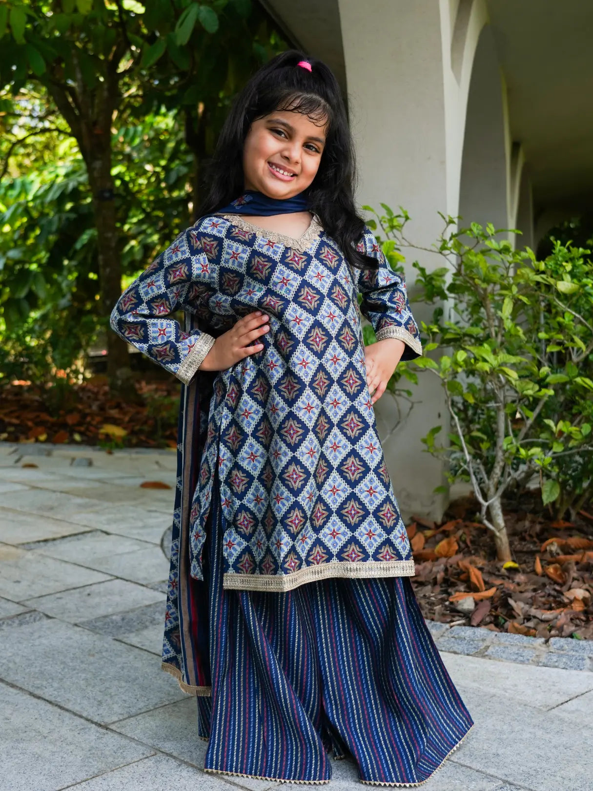 Tara Blue Girls Choga Style Kurta & Palazzo Set in Muslin Cotton Nimbu