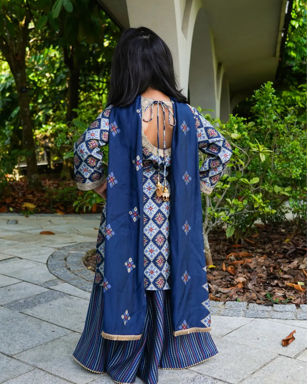 Tara Blue Girls Choga Style Kurta & Palazzo Set in Muslin Cotton Nimbu