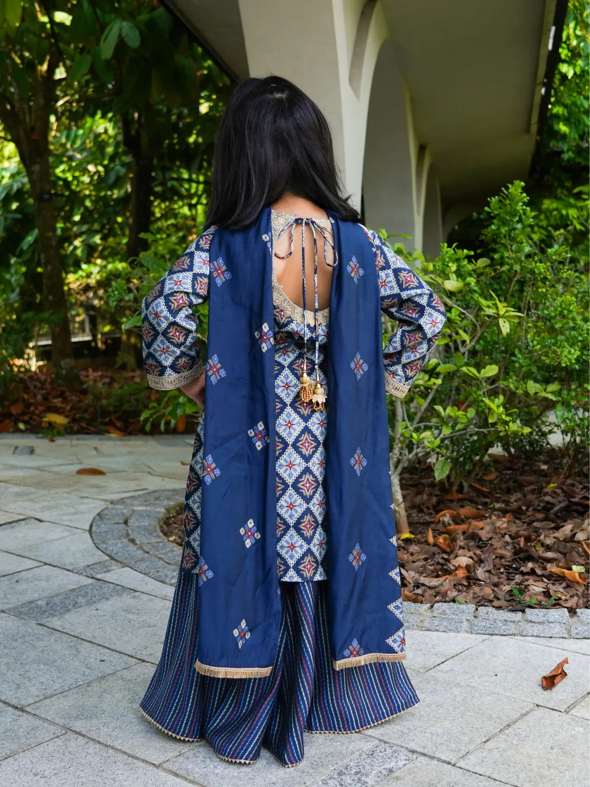 Tara Blue Girls Choga Style Kurta & Palazzo Set in Muslin Cotton Nimbu