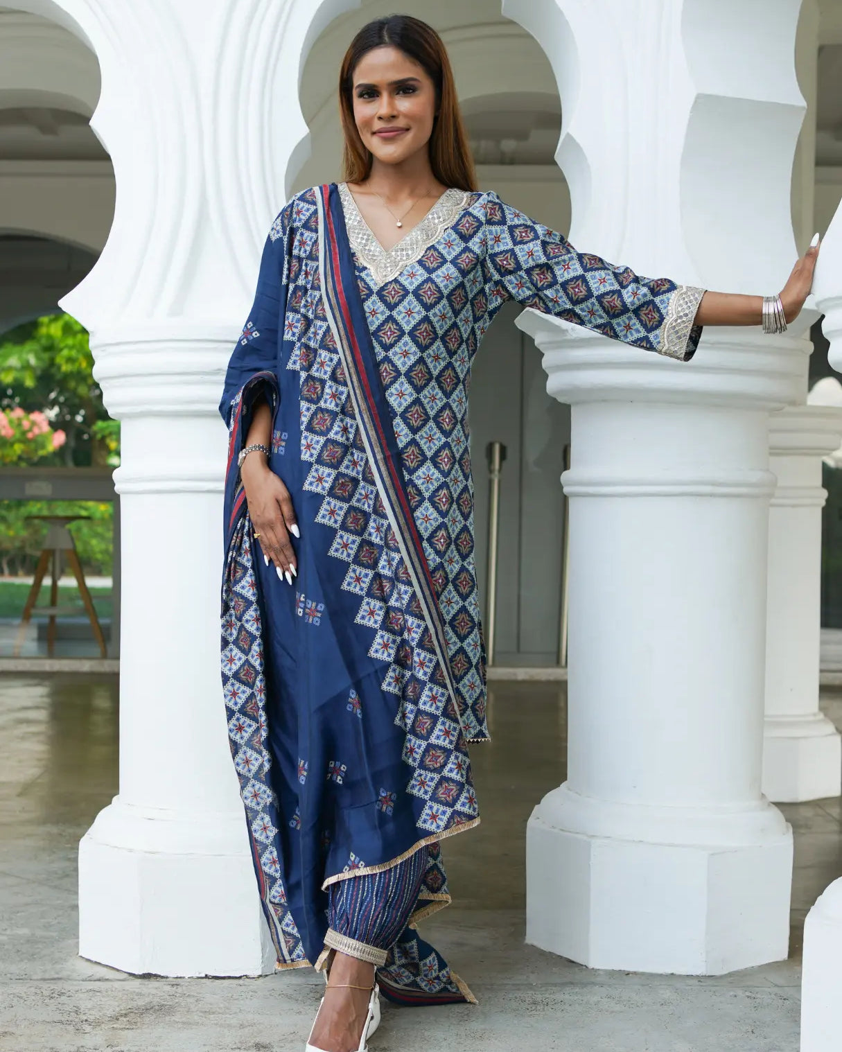Tara Blue Women's Choga Style Kurti & Salwar Set in Muslin Cotton with Matching Dupatta Nimbu