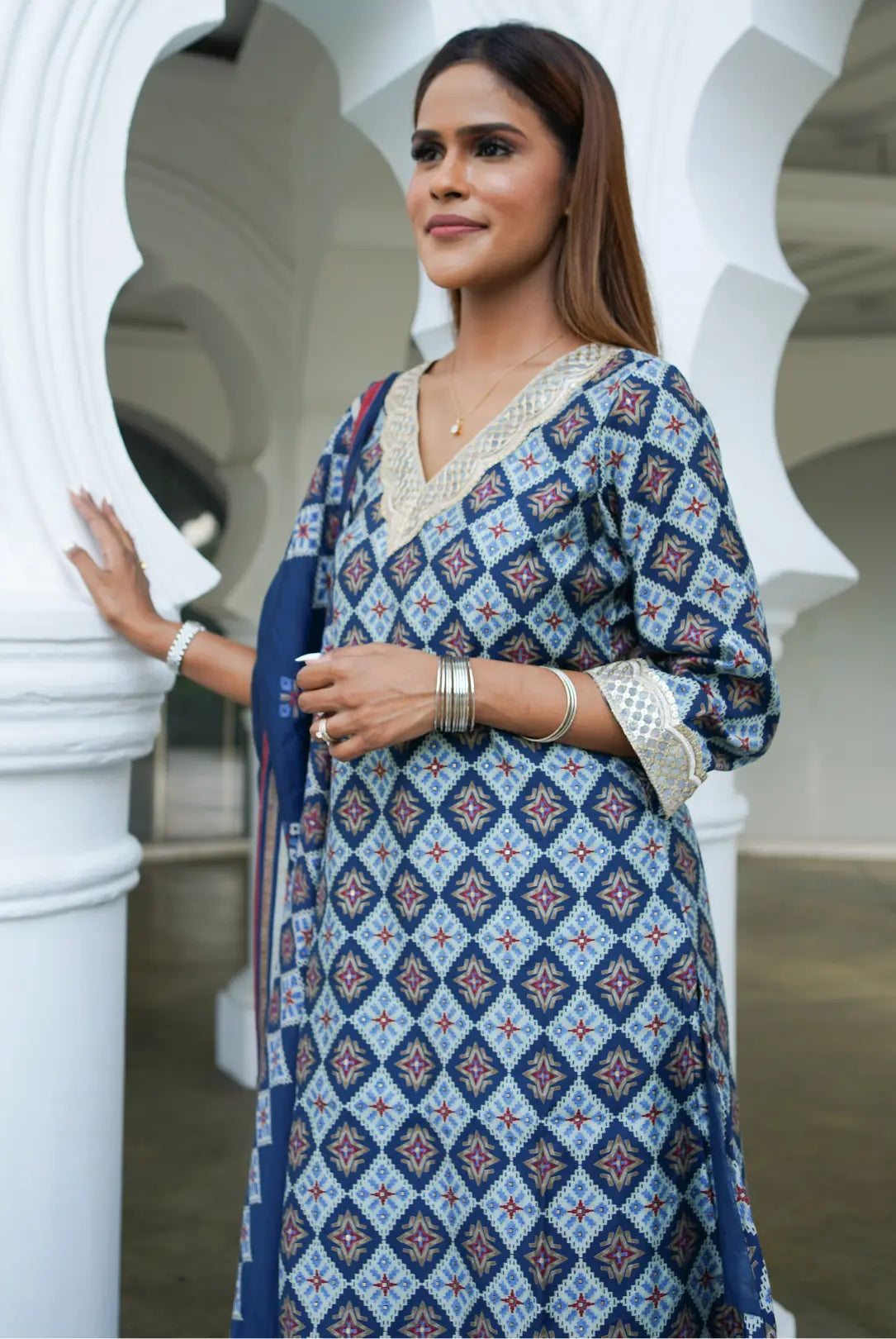 Tara Blue Women's Choga Style Kurti & Salwar Set in Muslin Cotton with Matching Dupatta Nimbu