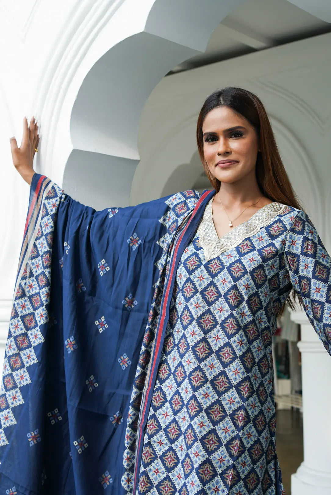 Tara Blue Women's Choga Style Kurti & Salwar Set in Muslin Cotton with Matching Dupatta Nimbu