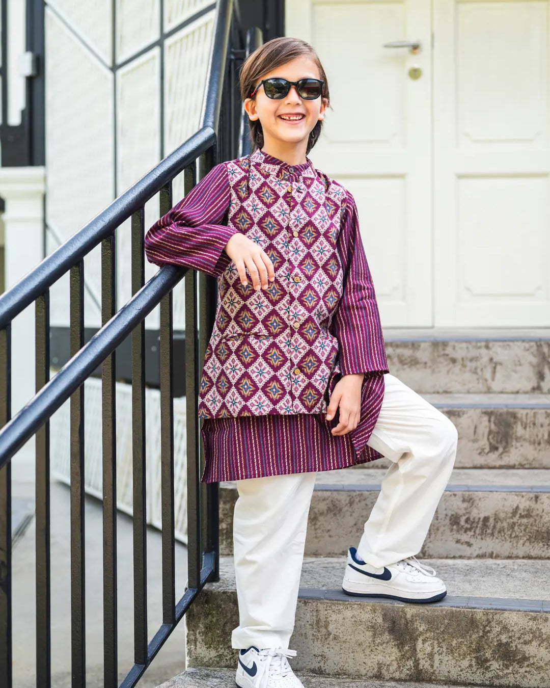 Tara Purple Boys Kurta Pajama Jacket in Muslin Cotton Nimbu