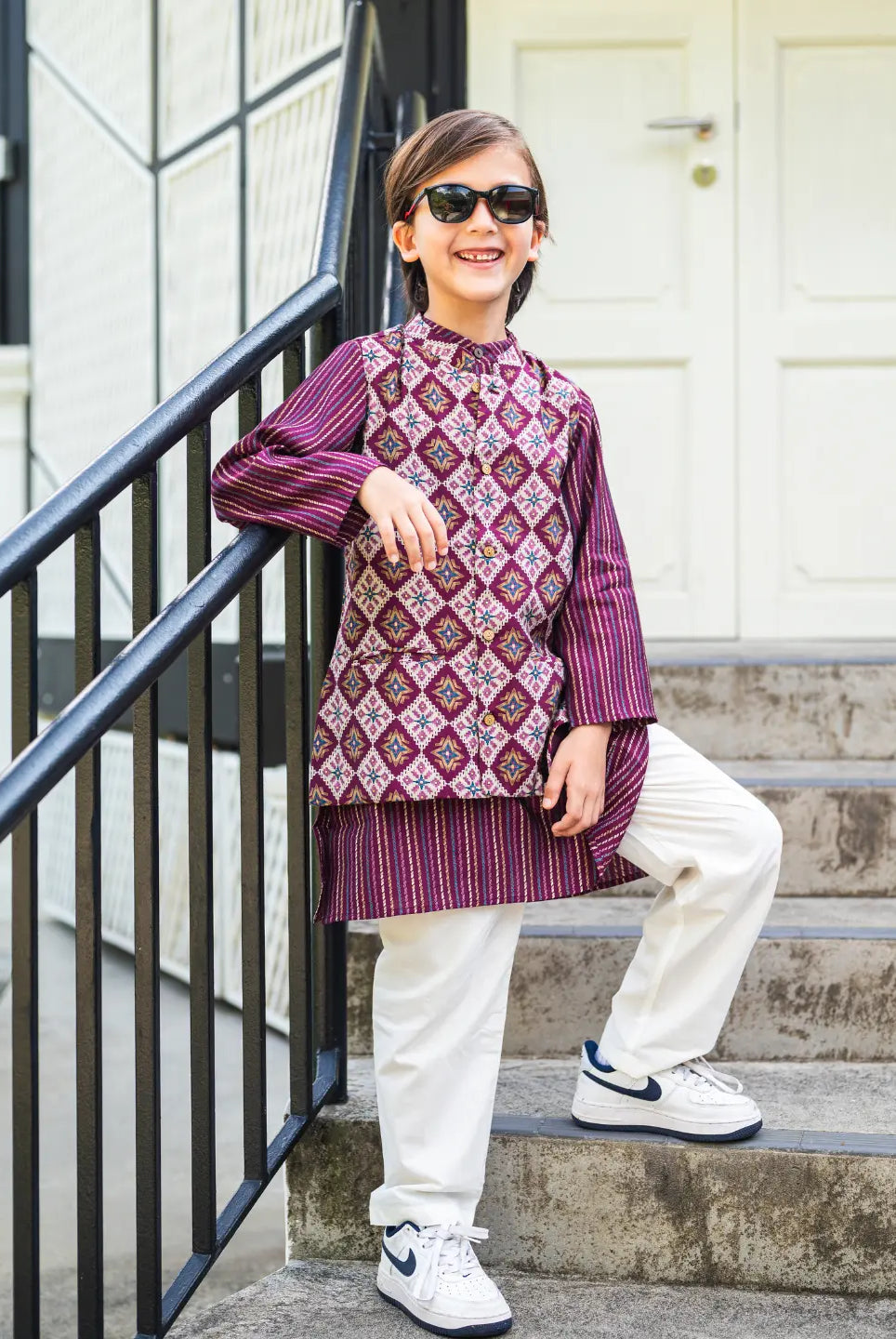 Tara Purple Boys Kurta Pajama Jacket in Muslin Cotton Nimbu