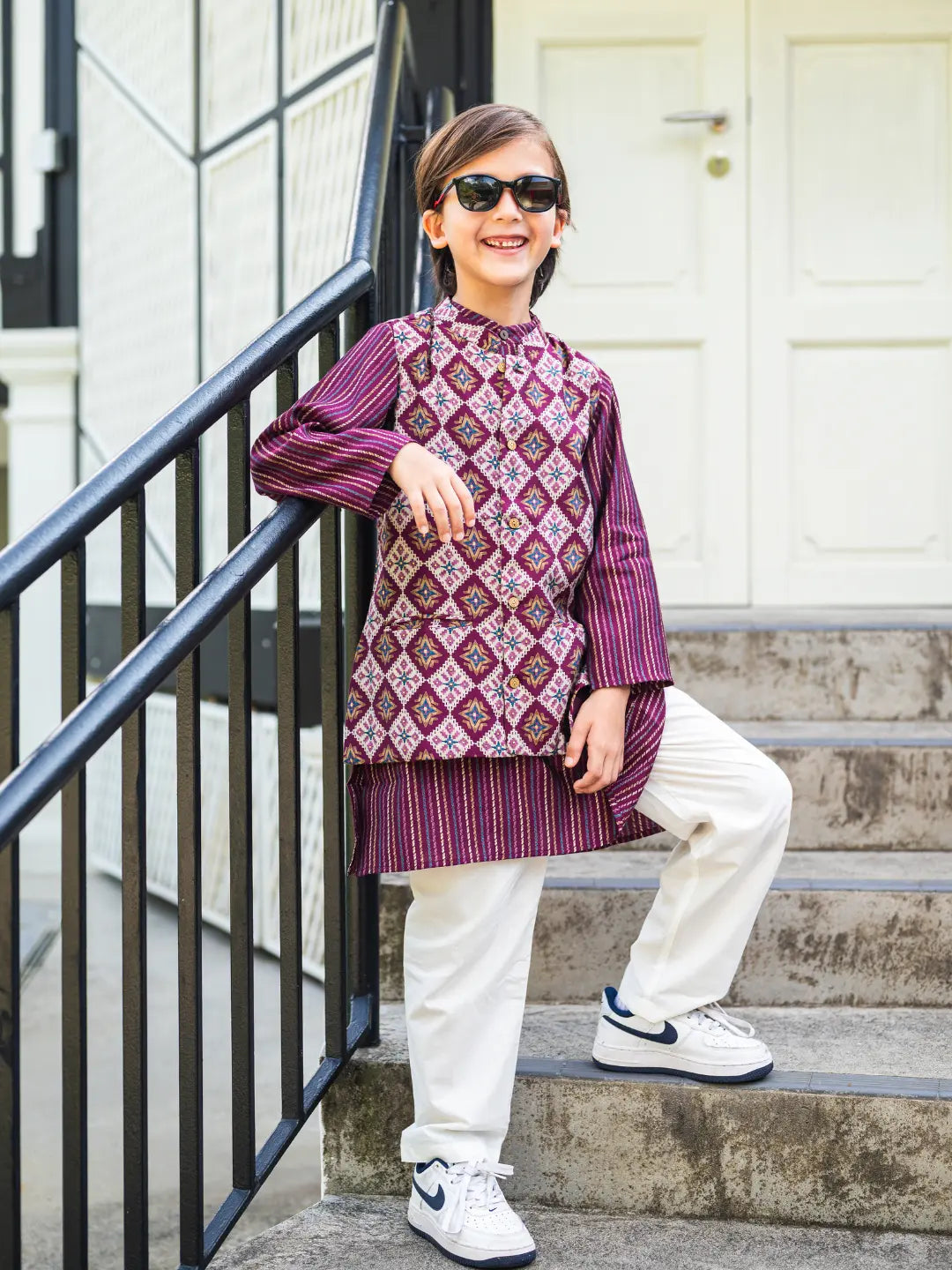 Tara Purple Boys Kurta Pajama Jacket in Muslin Cotton Nimbu