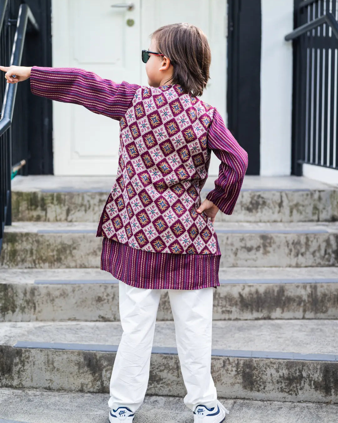 Tara Purple Boys Kurta Pajama Jacket in Muslin Cotton Nimbu