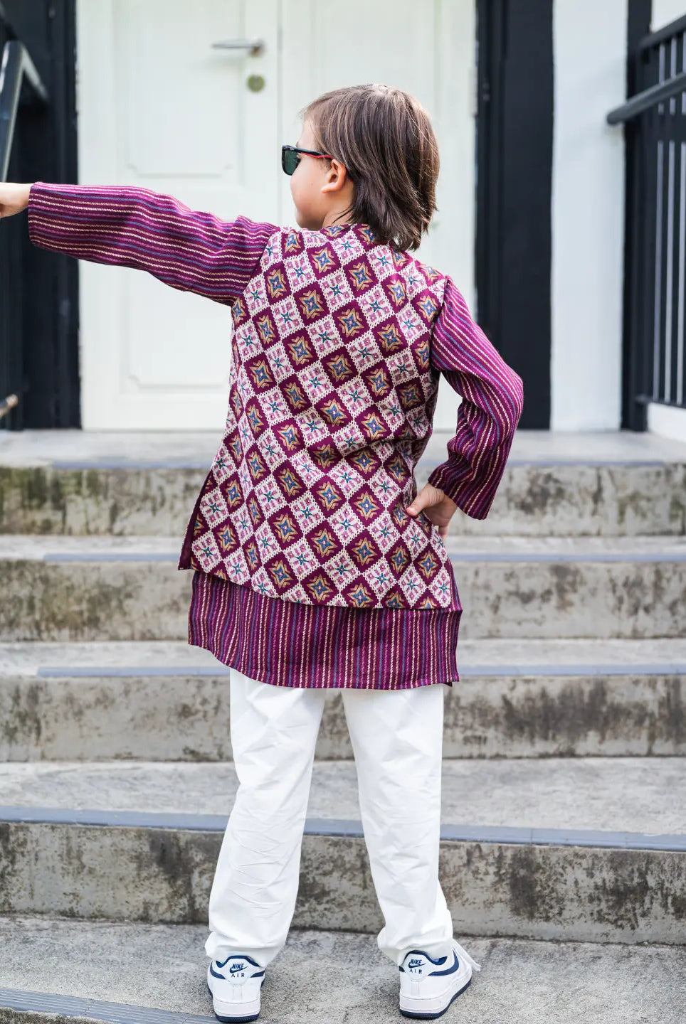 Tara Purple Boys Kurta Pajama Jacket in Muslin Cotton Nimbu