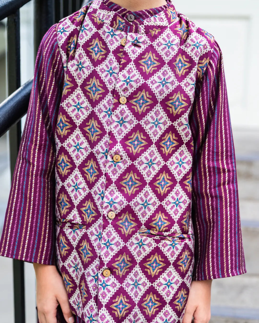 Tara Purple Boys Kurta Pajama Jacket in Muslin Cotton Nimbu