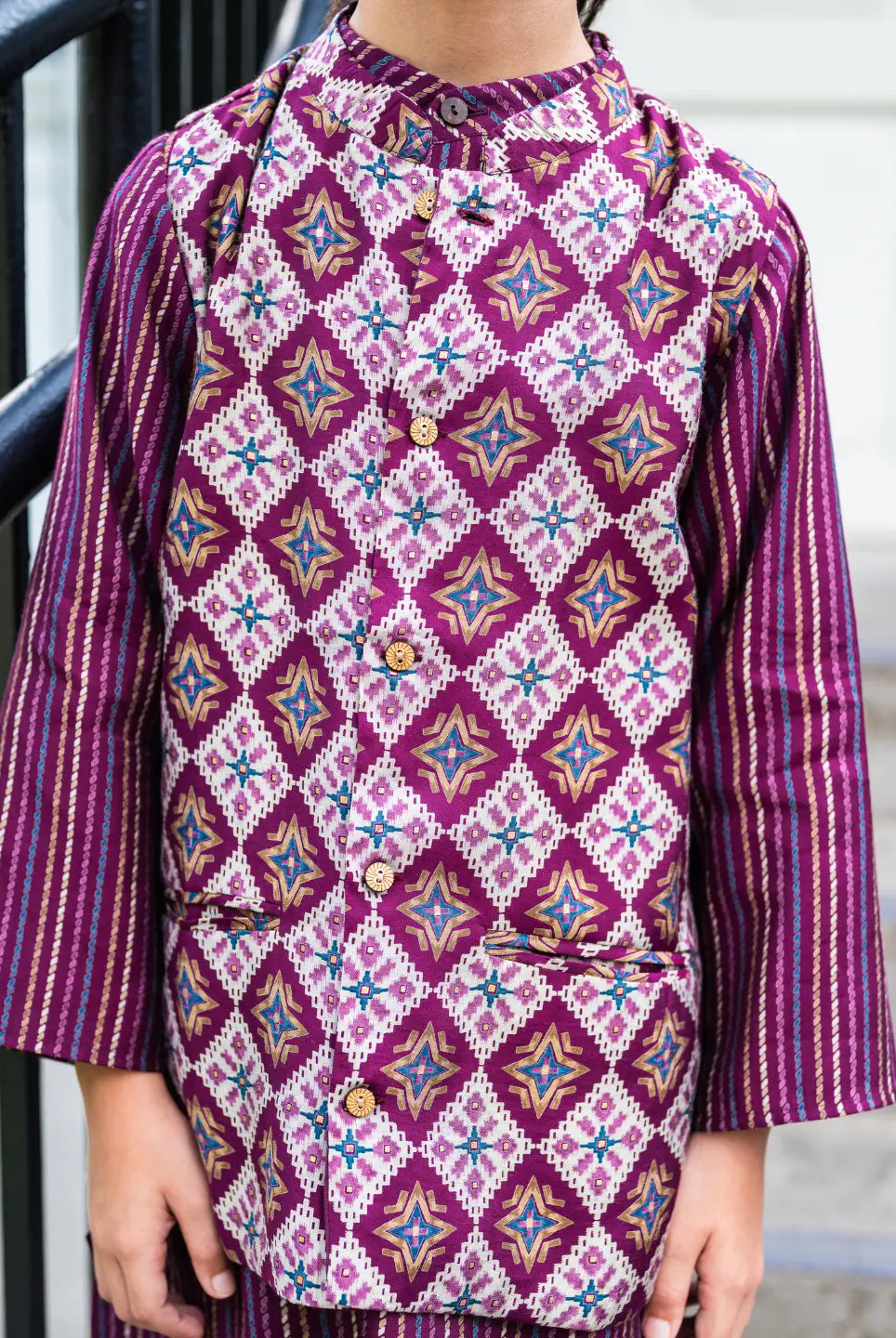 Tara Purple Boys Kurta Pajama Jacket in Muslin Cotton Nimbu