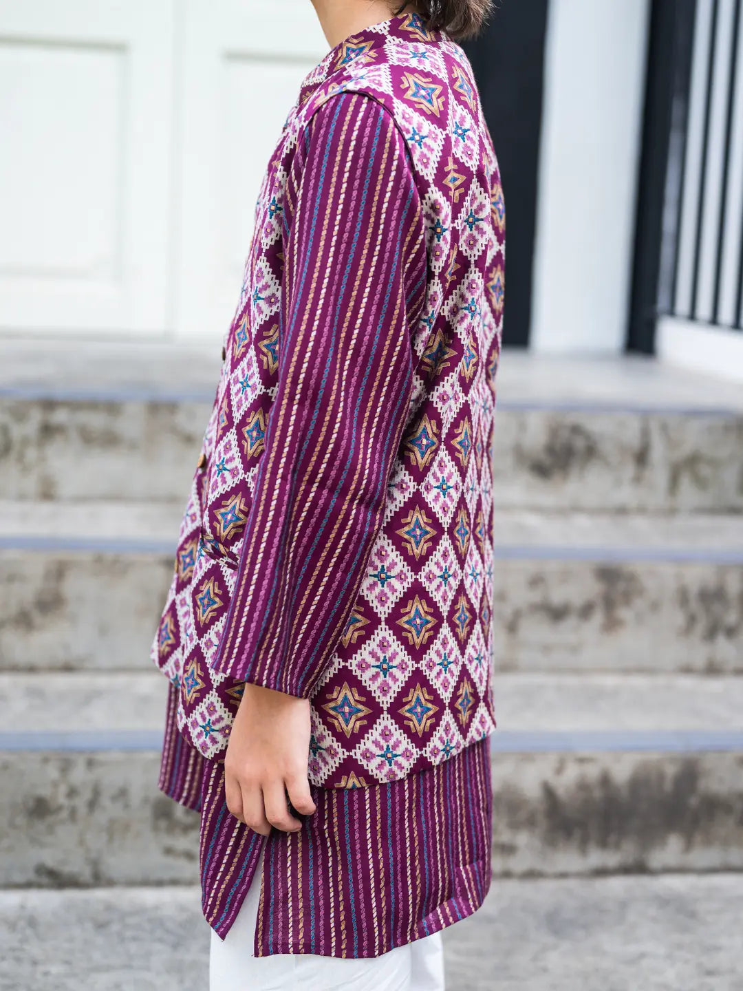 Tara Purple Boys Kurta Pajama Jacket in Muslin Cotton Nimbu