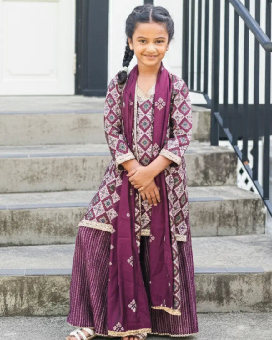 Tara Purple Girls Choga Style Kurti & Palazzo Set in Muslin Cotton Nimbu