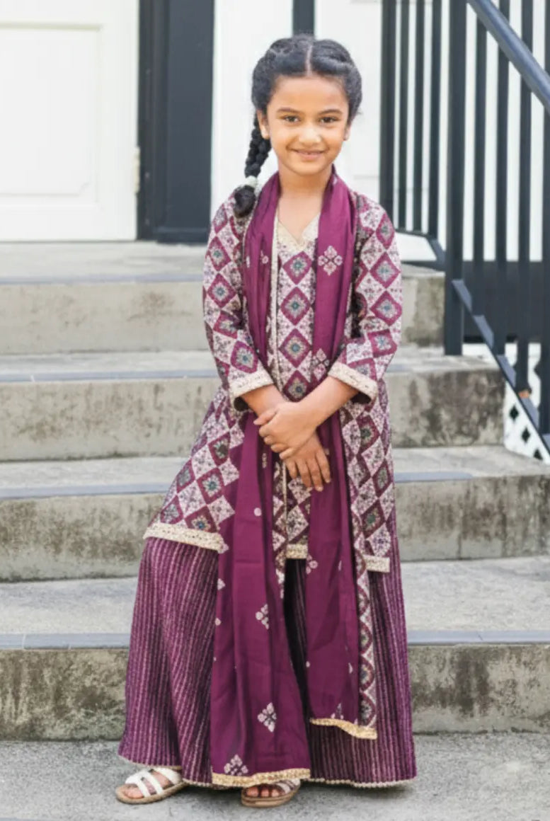 Tara Purple Girls Choga Style Kurti & Palazzo Set in Muslin Cotton Nimbu