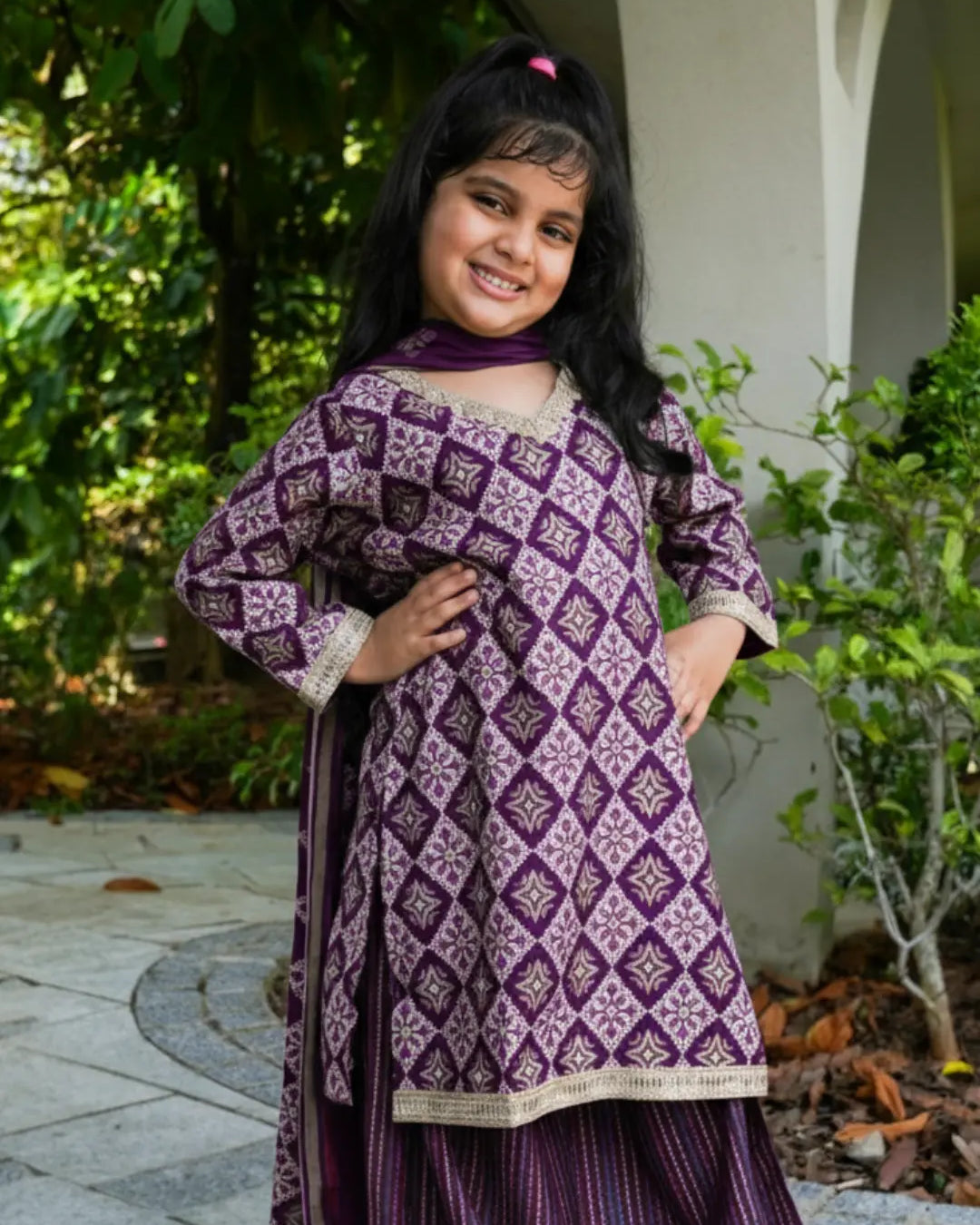 Tara Purple Girls Choga Style Kurti & Palazzo Set in Muslin Cotton Nimbu