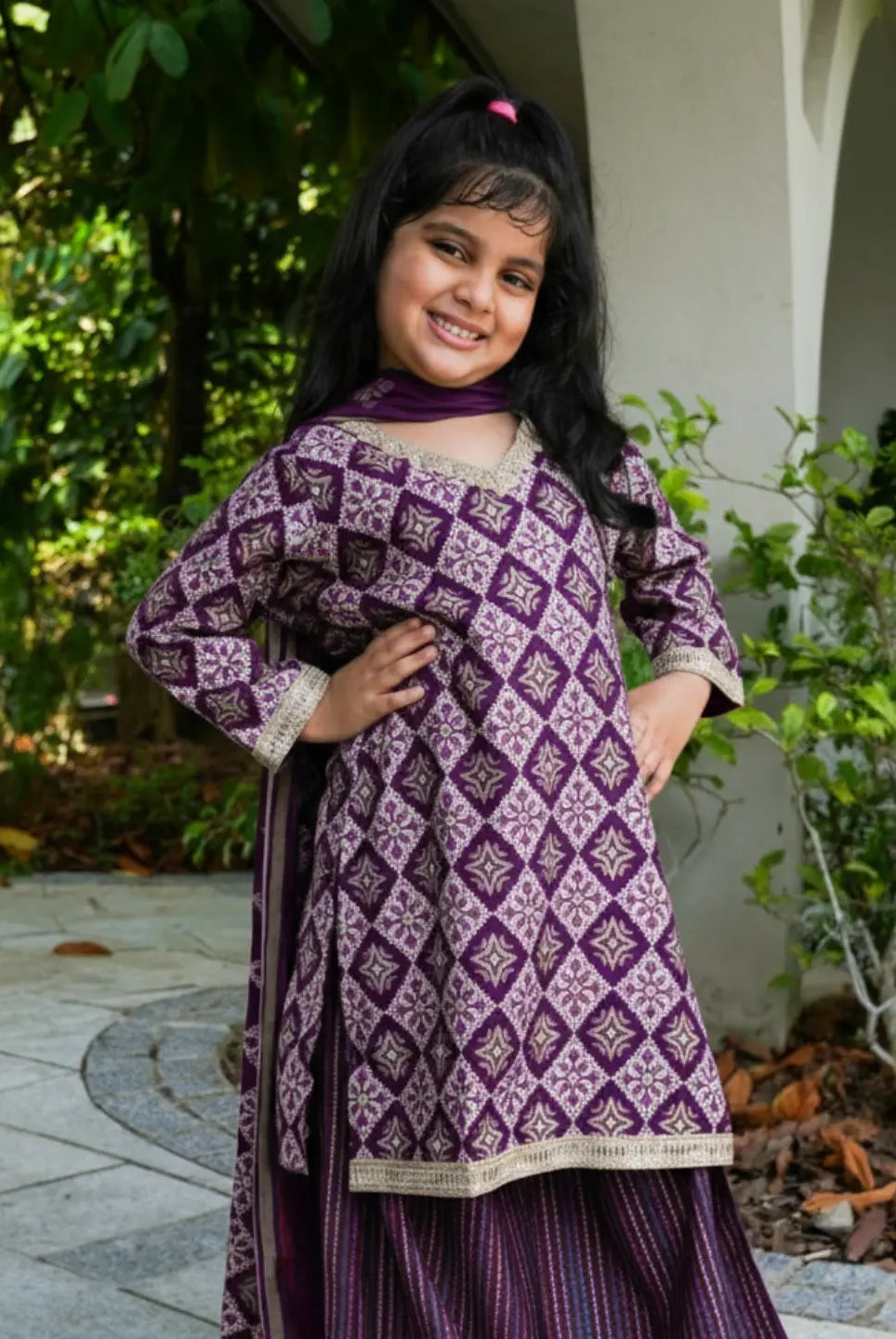 Tara Purple Girls Choga Style Kurti & Palazzo Set in Muslin Cotton Nimbu