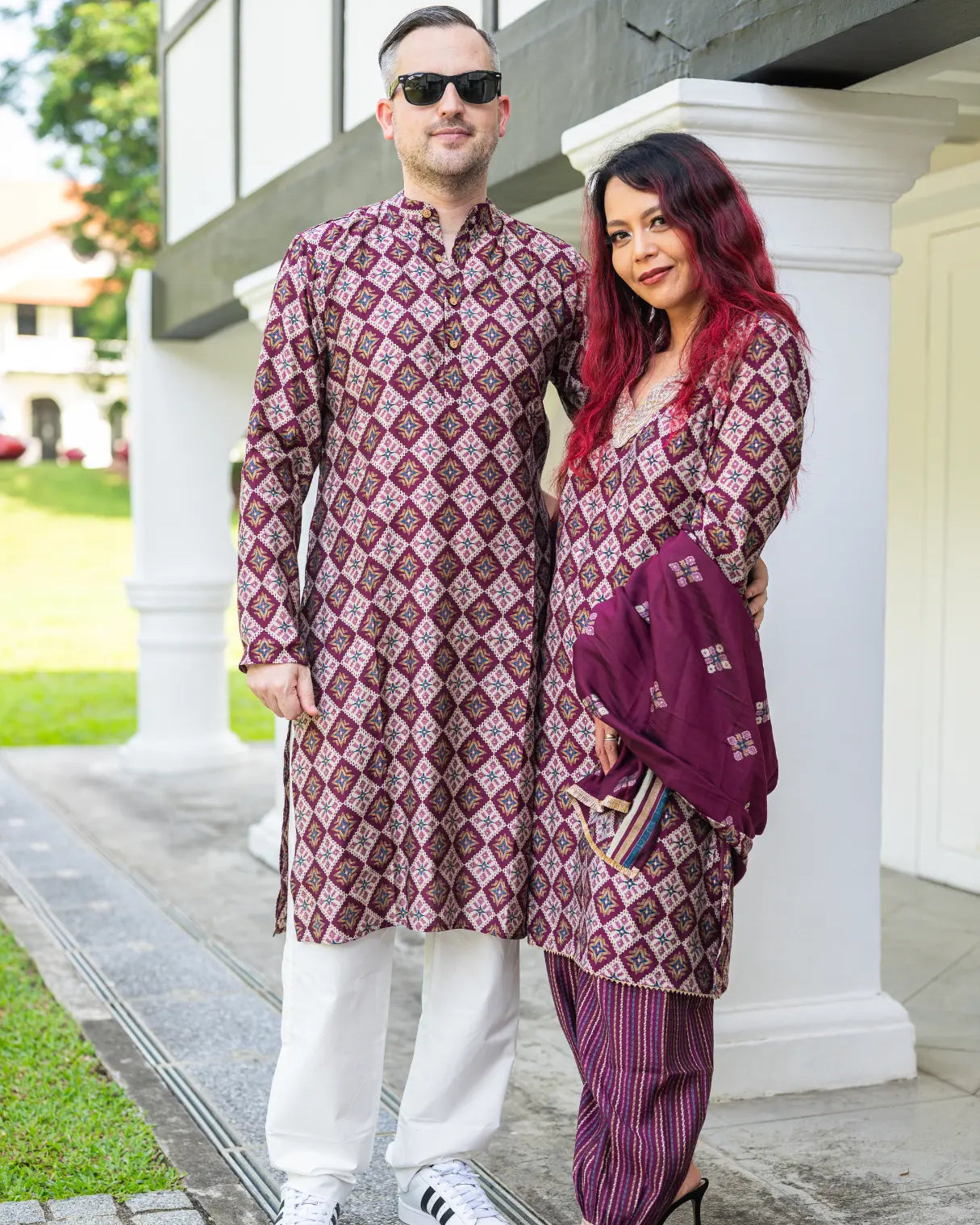 Tara Purple Women's Choga Style Kurti & Salwar Set in Muslin Cotton with Matching Dupatta Nimbu