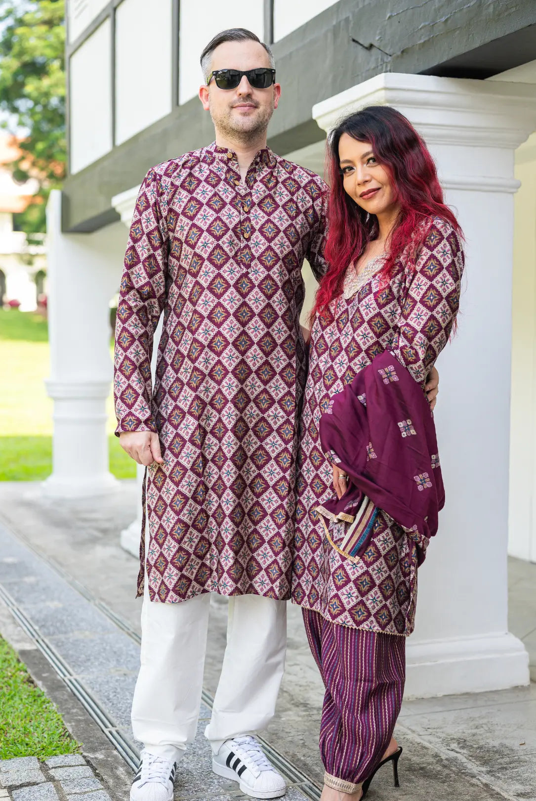 Tara Purple Women's Choga Style Kurti & Salwar Set in Muslin Cotton with Matching Dupatta Nimbu