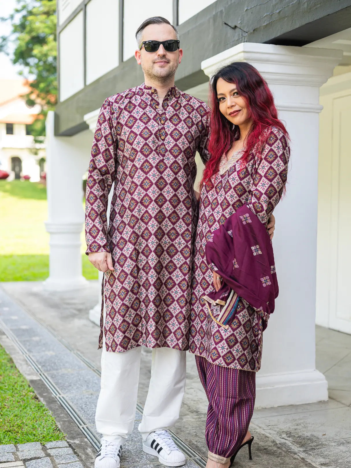 Tara Purple Women's Choga Style Kurti & Salwar Set in Muslin Cotton with Matching Dupatta Nimbu