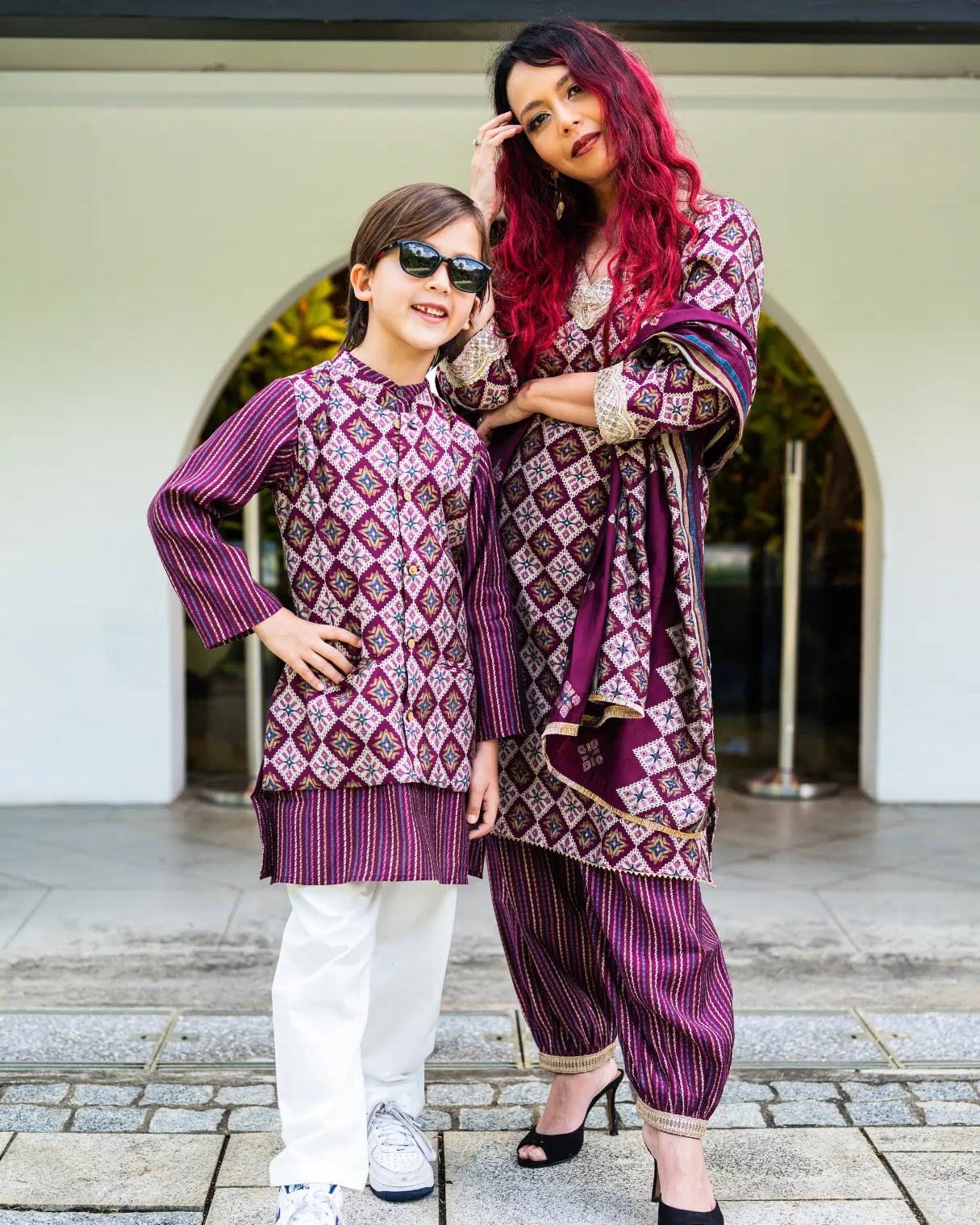 Tara Purple Women's Choga Style Kurti & Salwar Set in Muslin Cotton with Matching Dupatta Nimbu