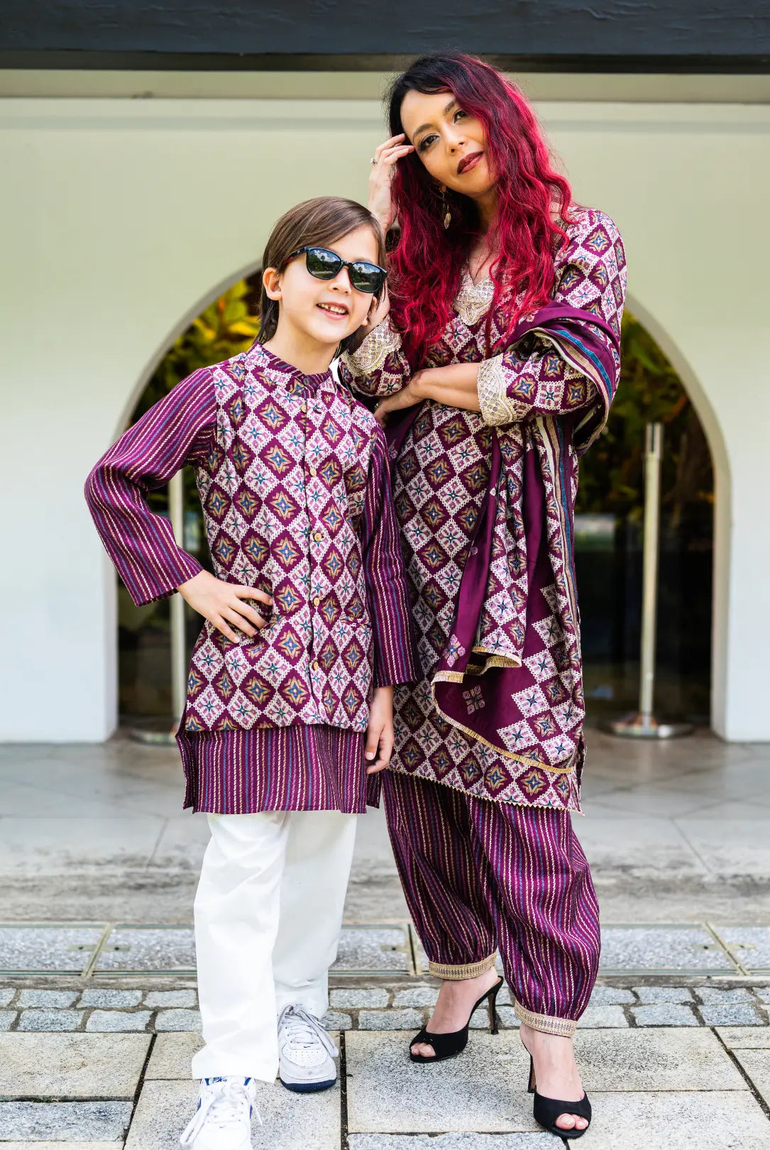 Tara Purple Women's Choga Style Kurti & Salwar Set in Muslin Cotton with Matching Dupatta Nimbu